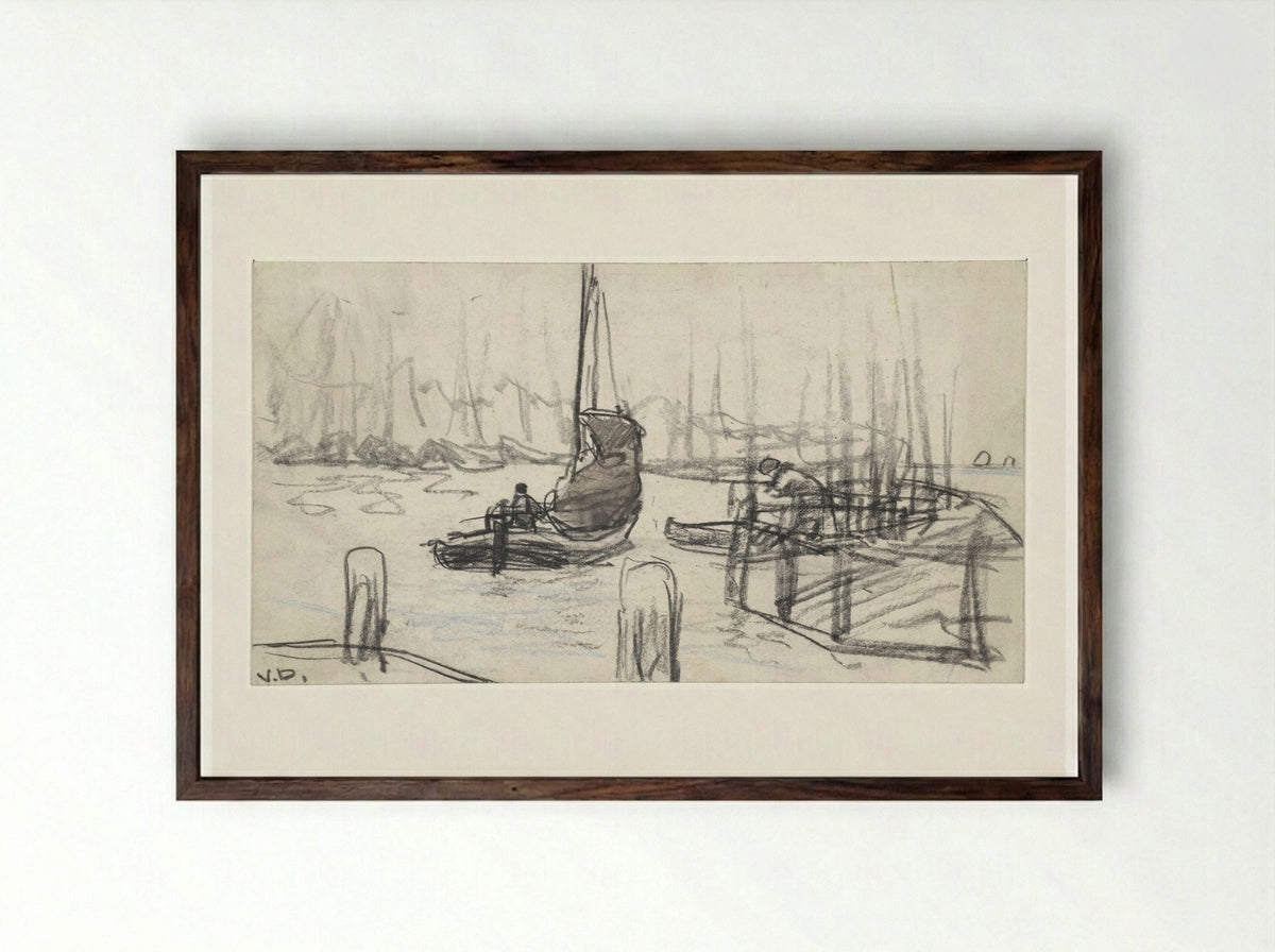 Zeilschepen op rivier - Adolf le Comte - Framed Print Dark Wood