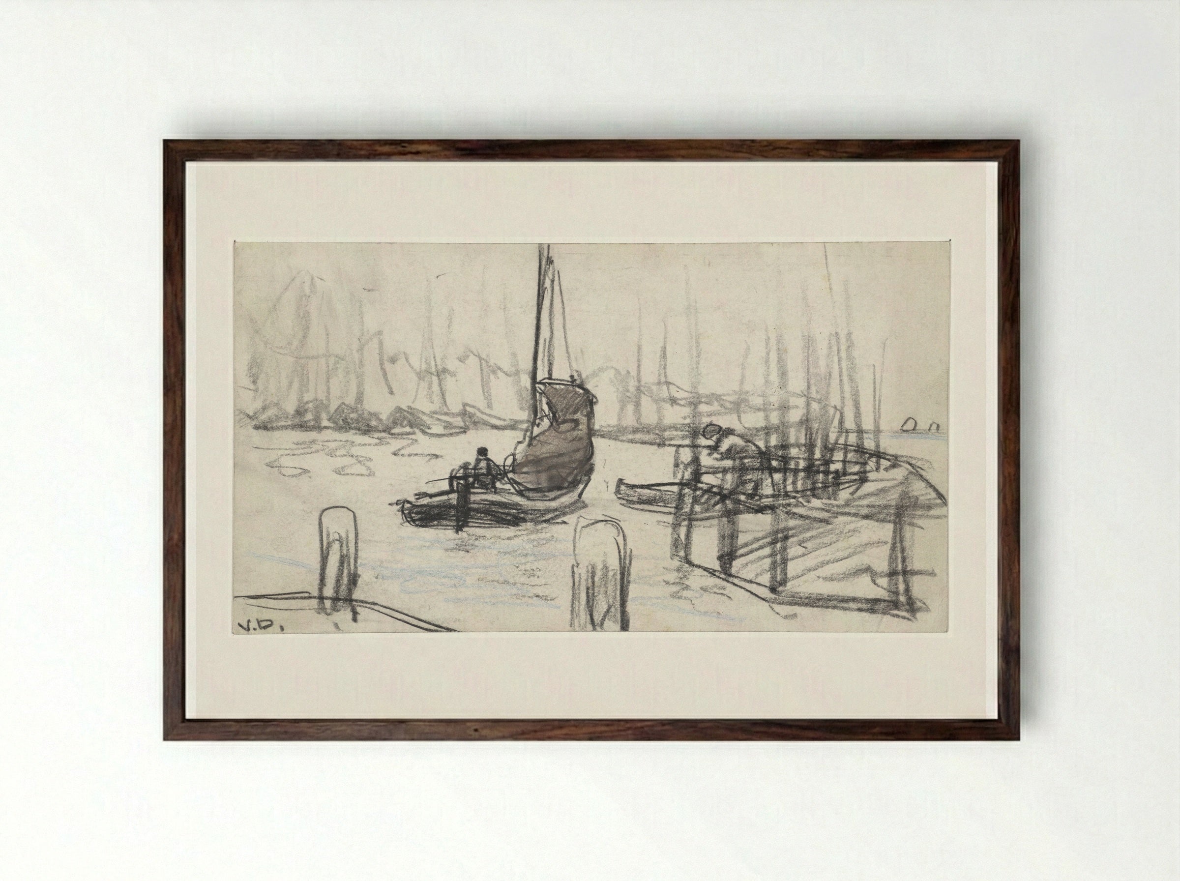 Zeilschepen op rivier - Adolf le Comte - Framed Print Dark Wood