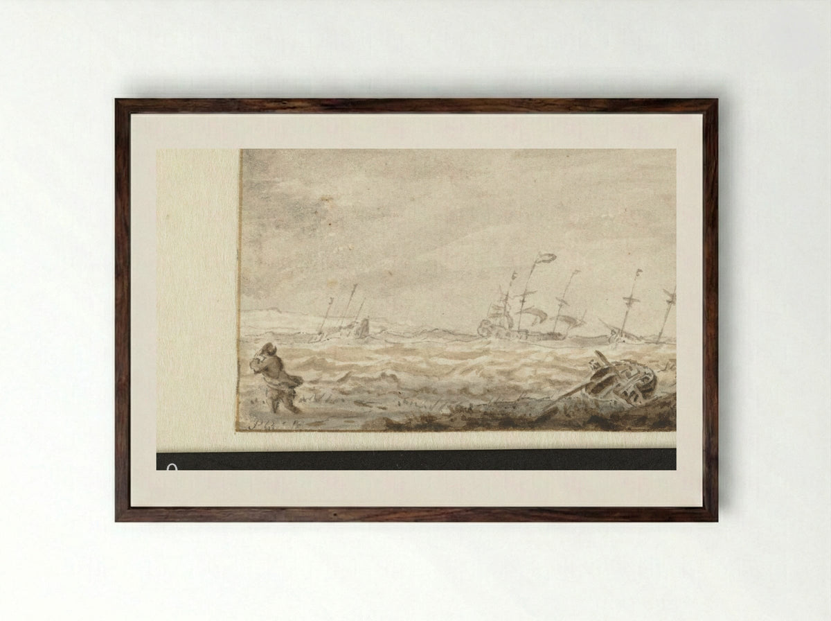 Zeilschepen op ruwe zee - Pieter Coopse - Framed Print Dark Wood