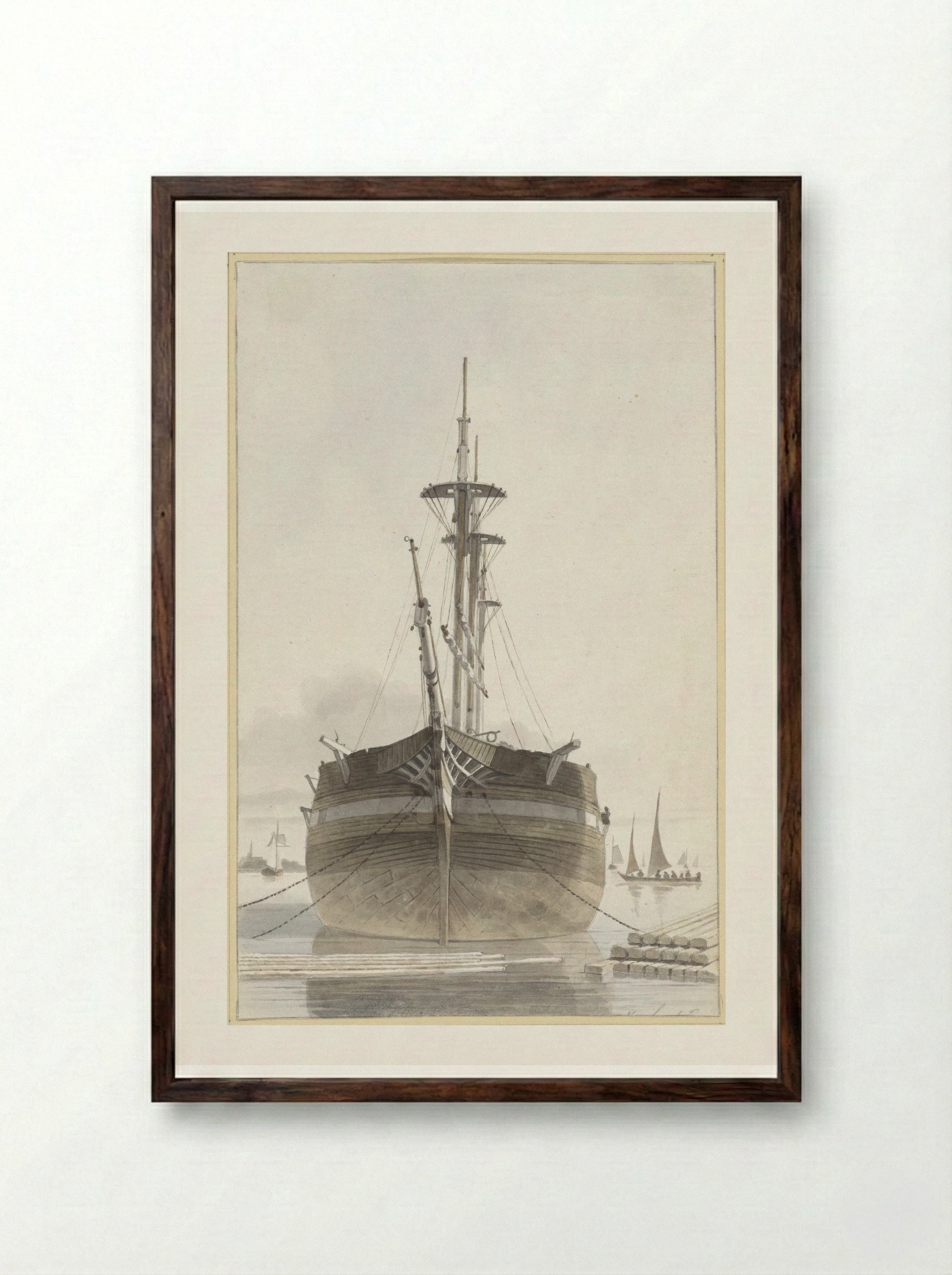 Zeilschip van voren gezien in een houthaven - Hendrik Abraham Klinkhamer - Framed Print Dark Wood