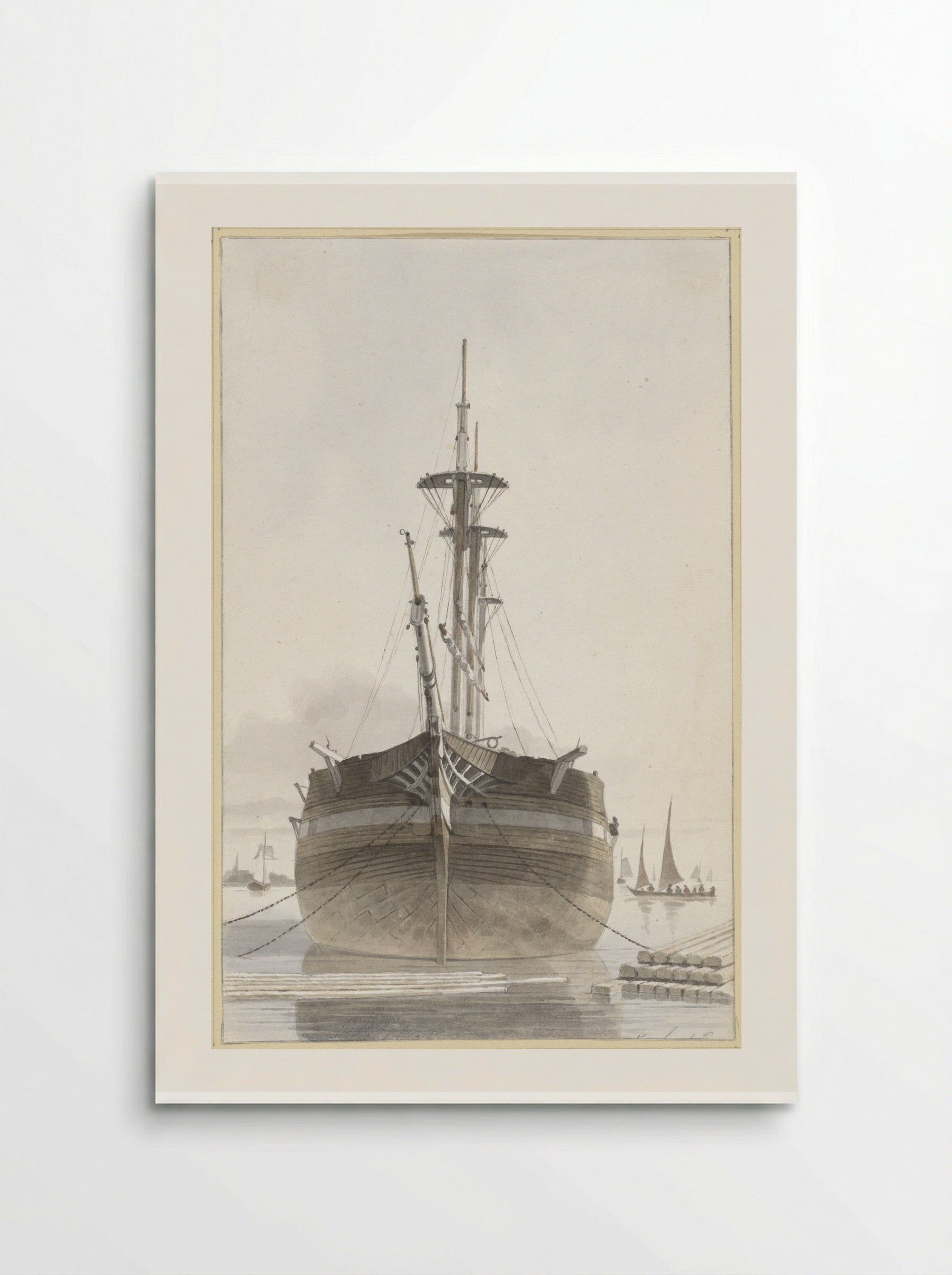 Zeilschip van voren gezien in een houthaven - Hendrik Abraham Klinkhamer - Poster