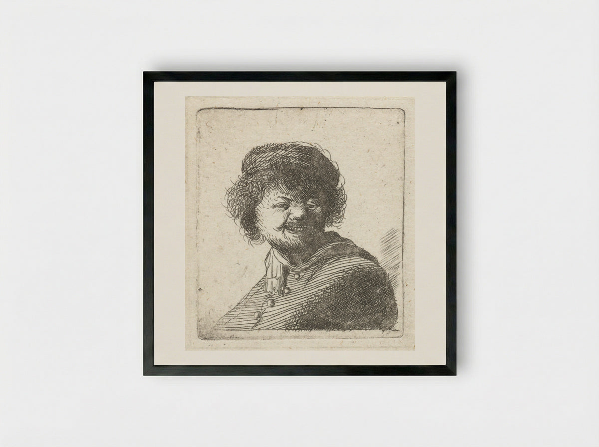 Zelfportret, lachend, met muts - Francesco Novelli - Framed Print Black