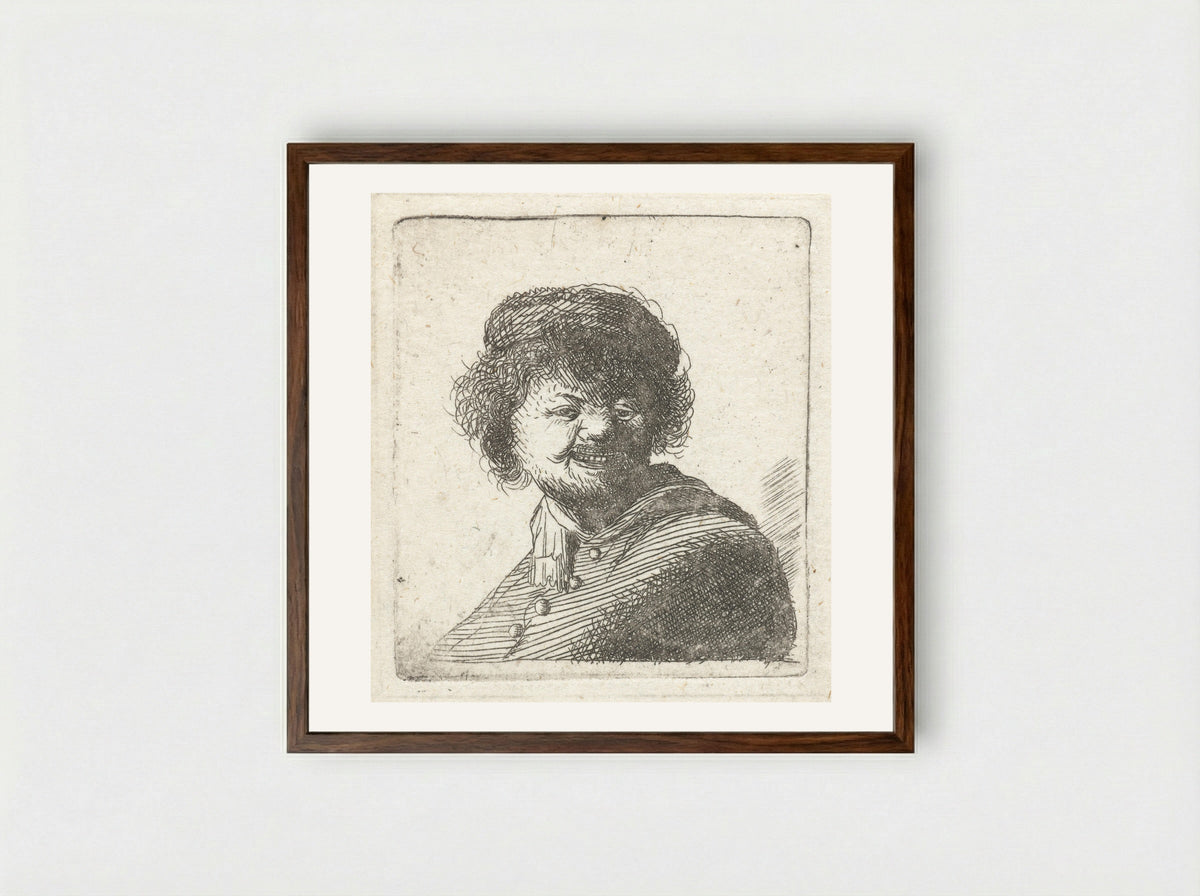 Zelfportret, lachend, met muts - Francesco Novelli - Framed Print Dark Wood