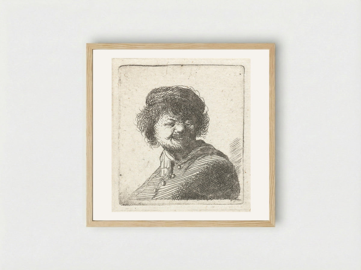 Zelfportret, lachend, met muts - Francesco Novelli - Framed Print Wood
