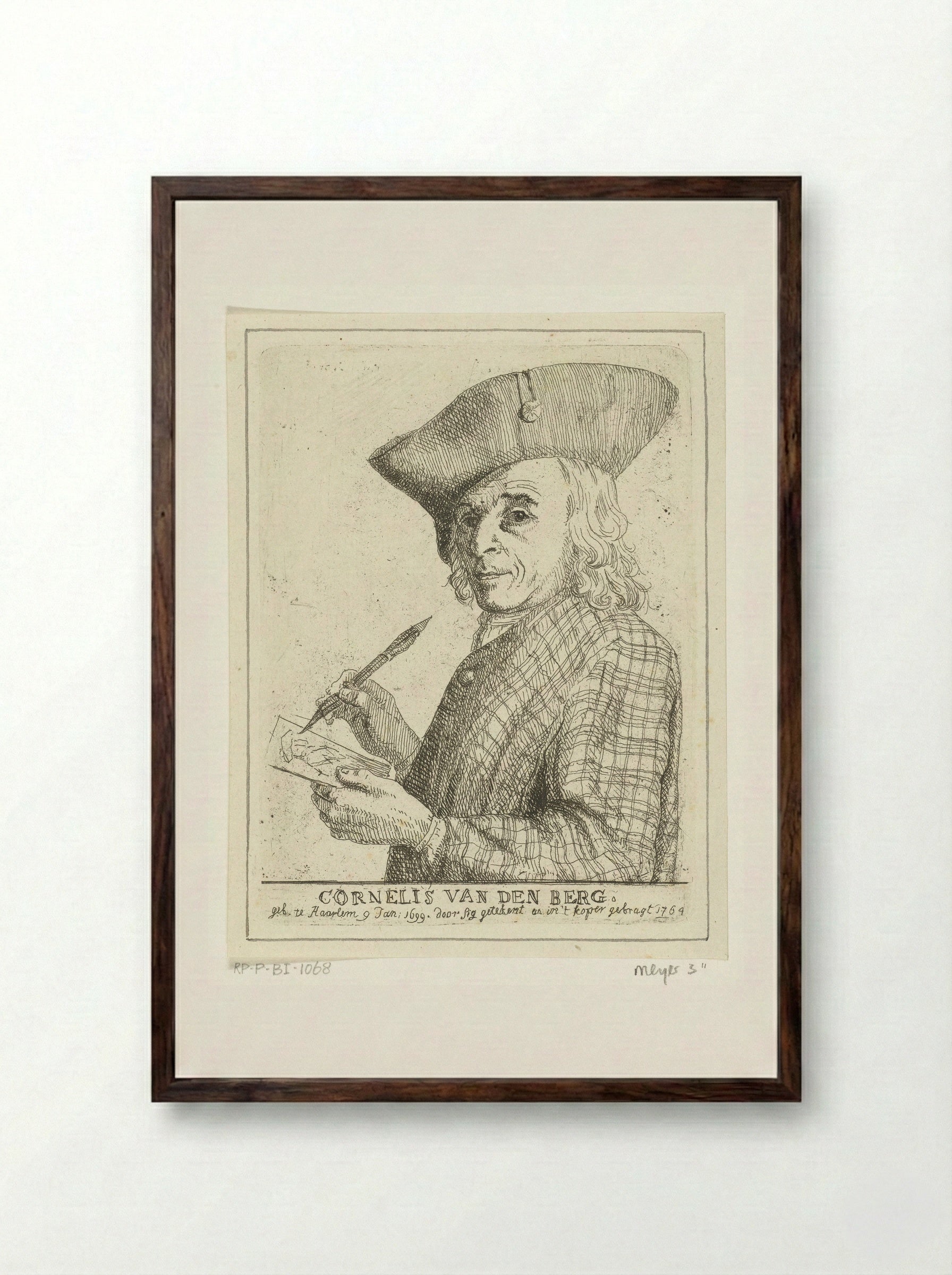 Zelfportret met pen en tekening - Cornelis van den Berg - Framed Print Dark Wood