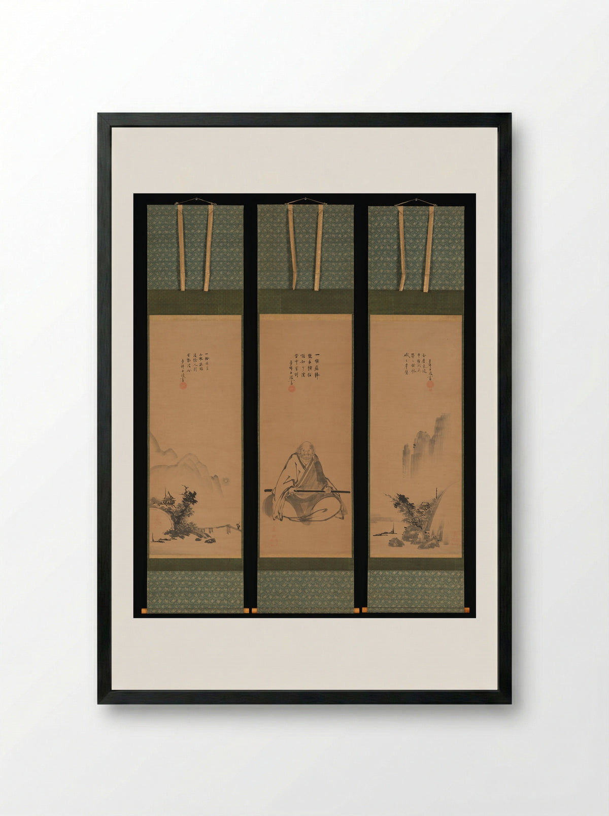 Zen Master with Meditation Staff, and Chinese-Style Landscapes - Unkoku Tōeki - Framed Print Black