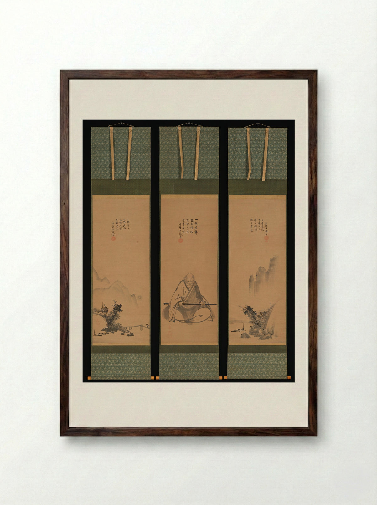 Zen Master with Meditation Staff, and Chinese-Style Landscapes - Unkoku Tōeki - Framed Print Dark Wood