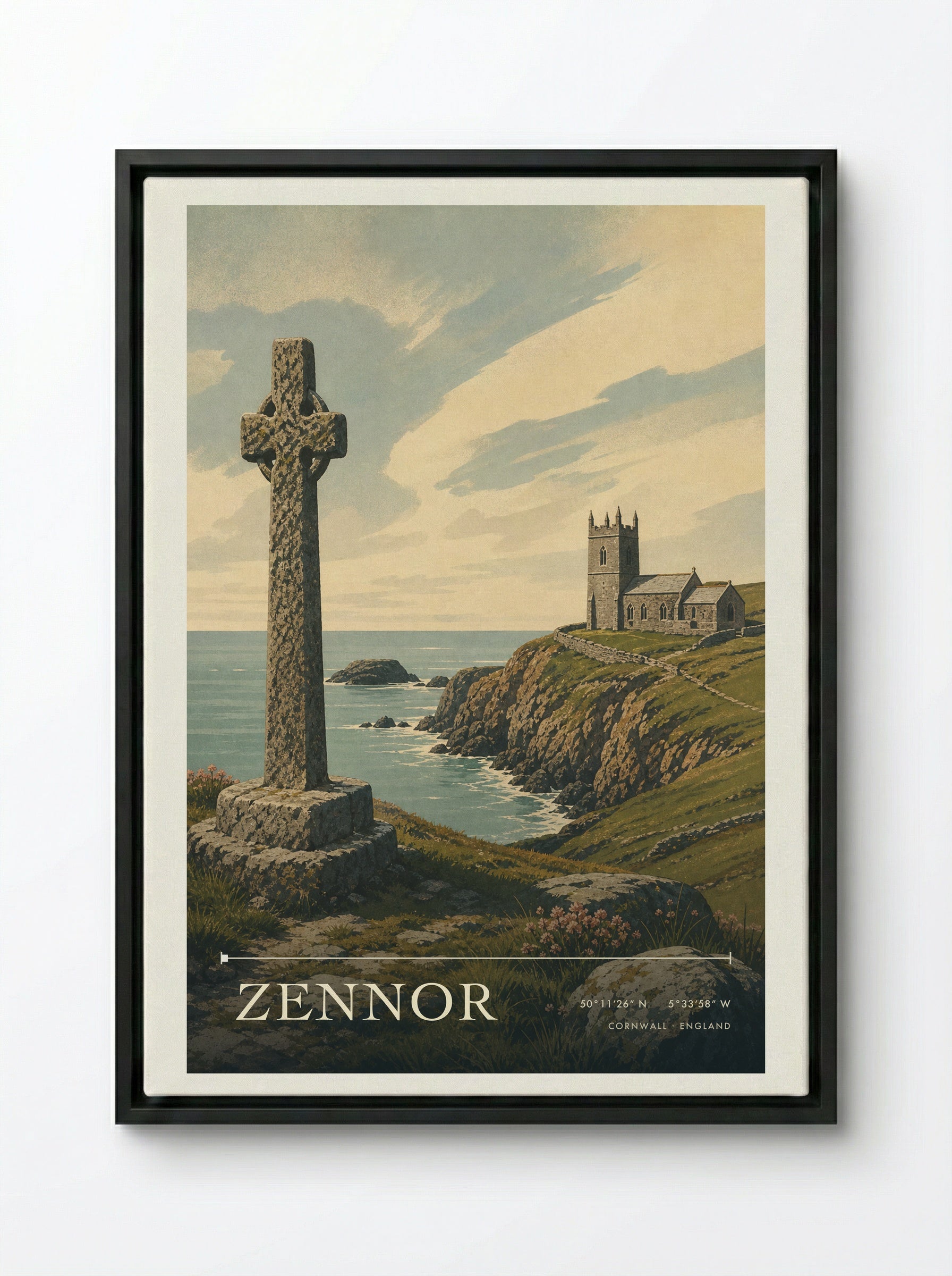 Zennor Cornwall England Travel Poster - Framed Canvas Black