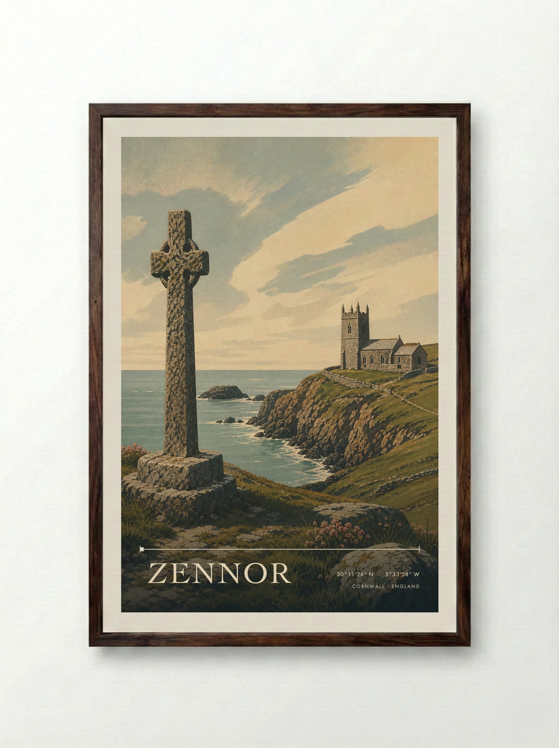 Zennor Cornwall England Travel Poster - Framed Print Dark Wood