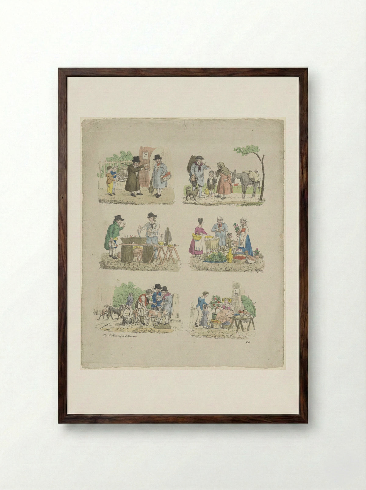 Zes markttaferelen (Six Market Scenes) - Pieter Roosing - Framed Print Dark Wood