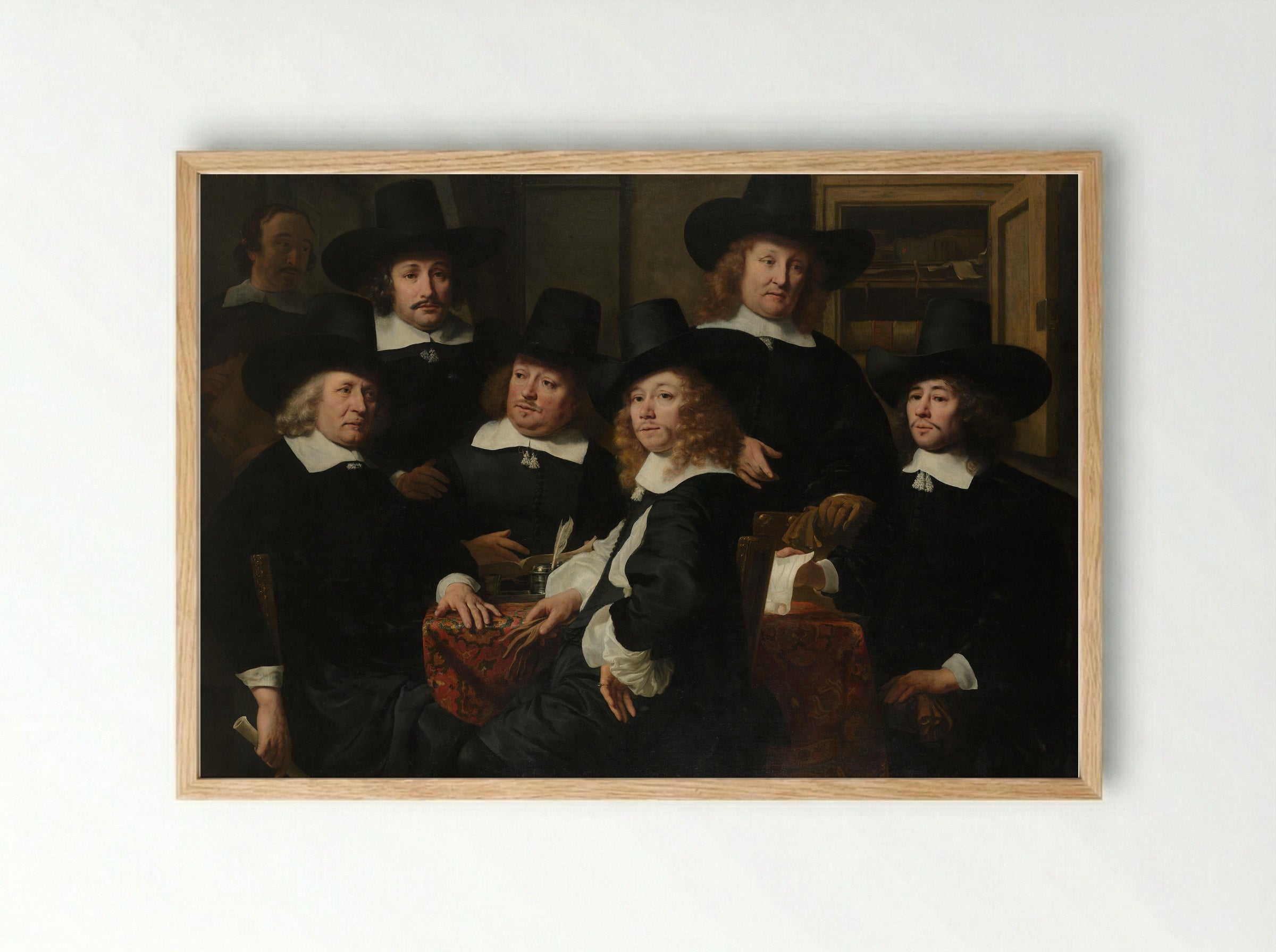 Zes regenten en de bode van het Nieuwezijds Huiszittenhuis te Amsterdam - Ferdinand Bol - Framed Print Wood
