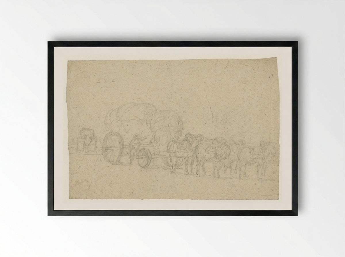 Zes span paarden voor een hoog opgeladen vrachtwagen - Georges Michel - Framed Print Black