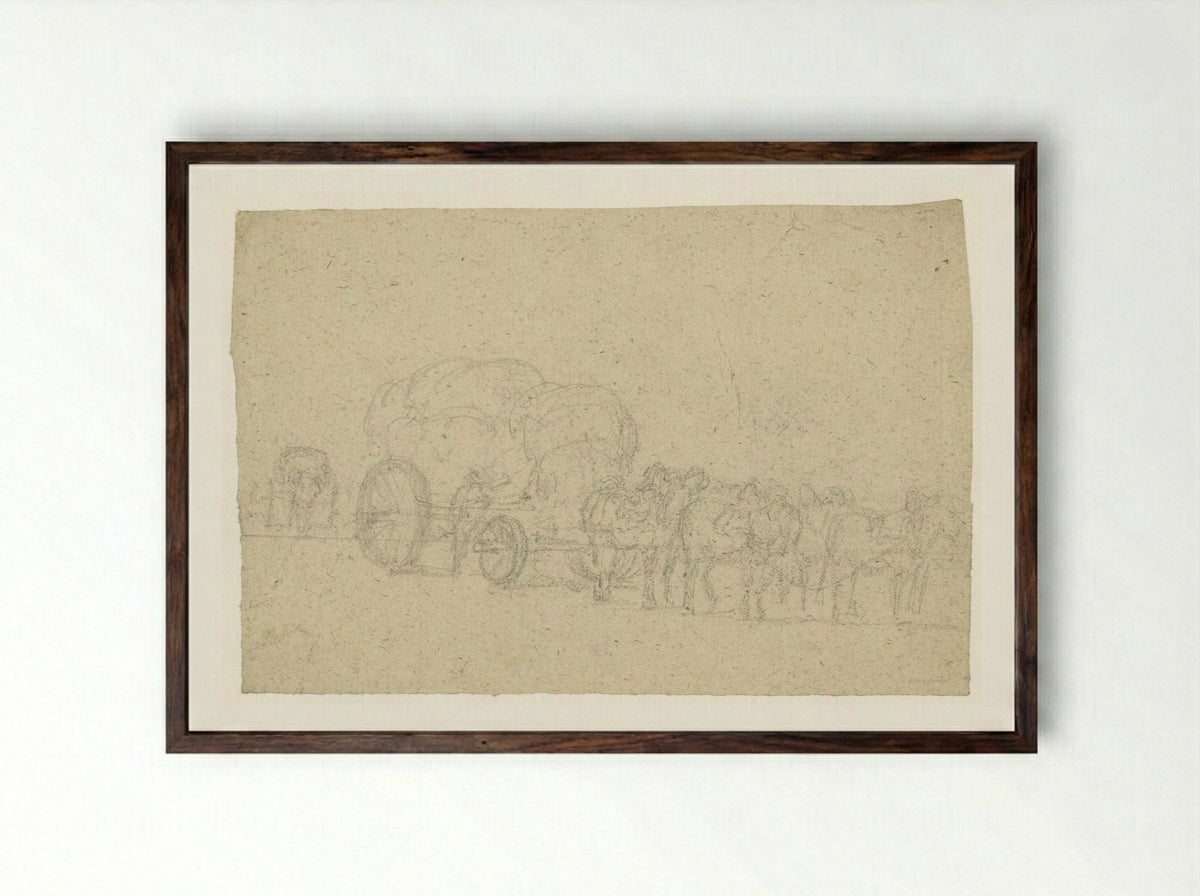 Zes span paarden voor een hoog opgeladen vrachtwagen - Georges Michel - Framed Print Dark Wood