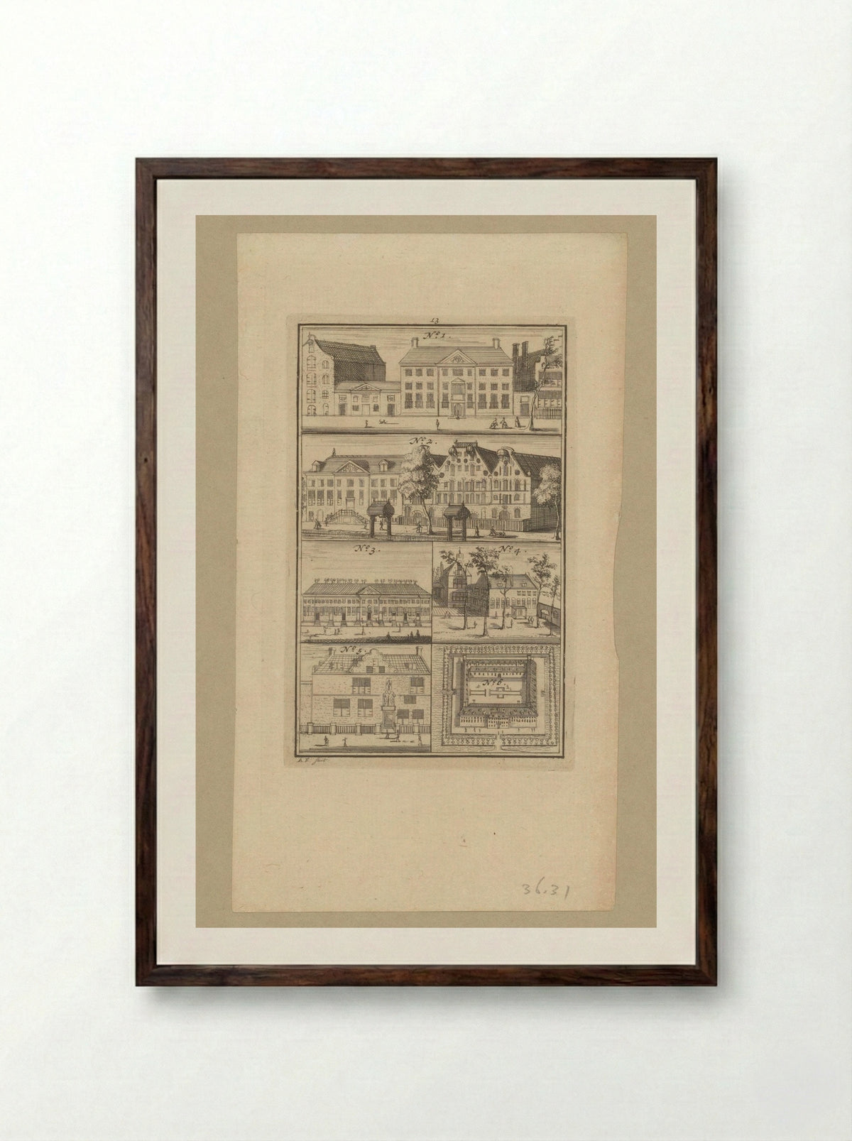 Zes verschillende gebouwen te Amsterdam - Anna Folkema - Framed Print Dark Wood