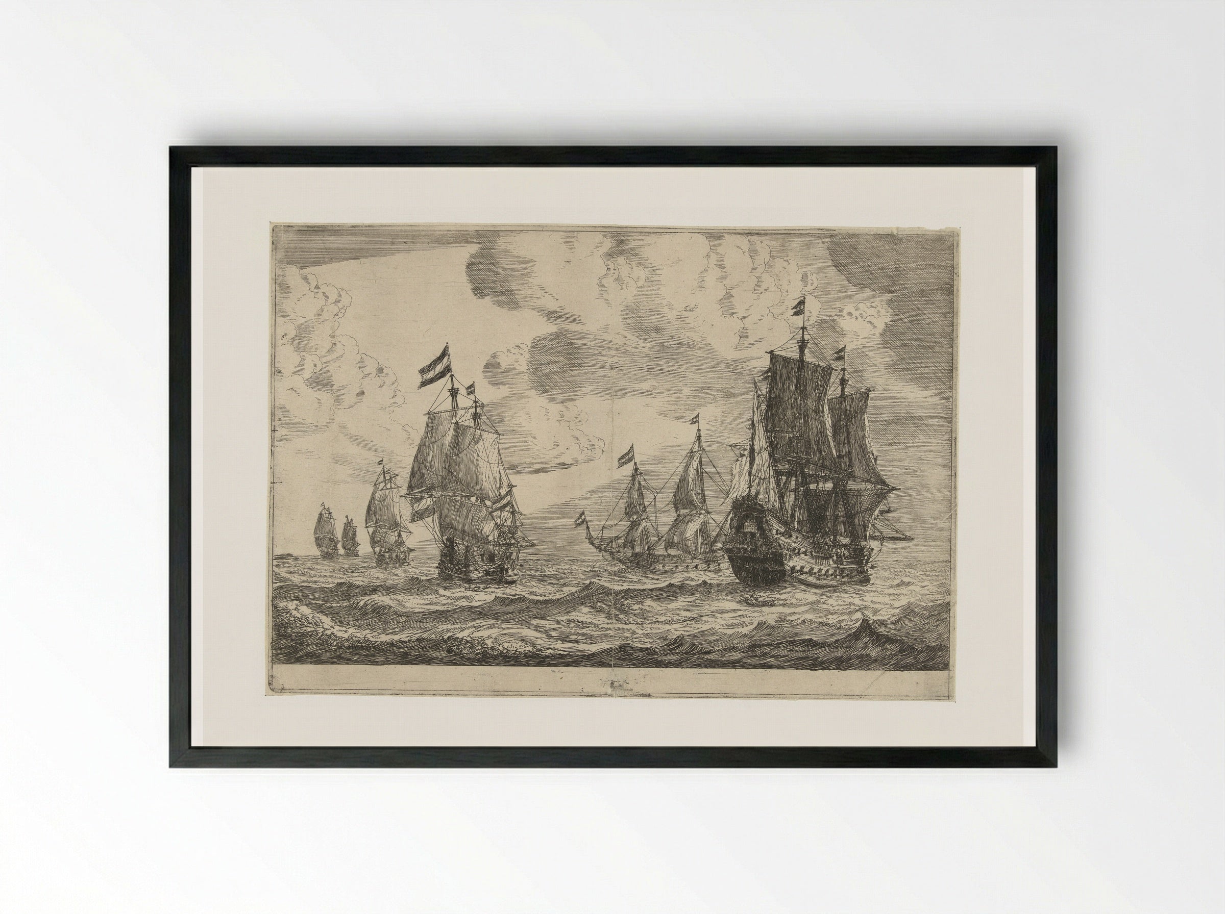 Zes zeilschepen op open zee - Reinier Nooms - Framed Print Black