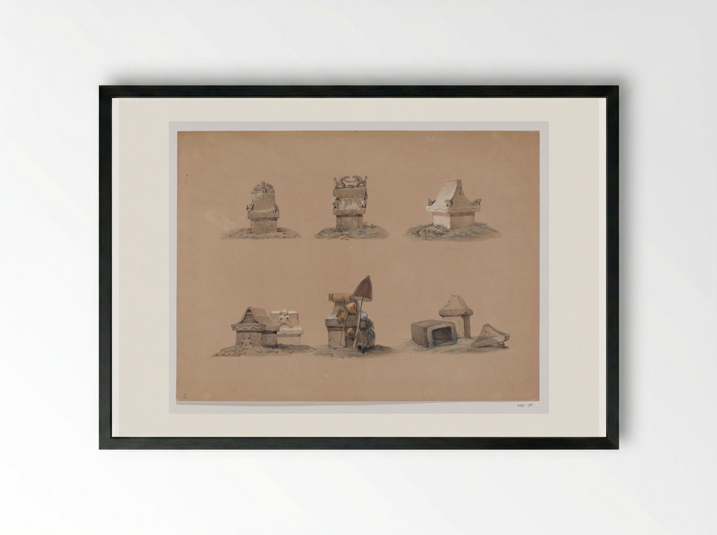 Zeven sarcofagen (waruga), Minahasalanden, Noord-Celebes - Adrianus Johannes Bik - Framed Print Black