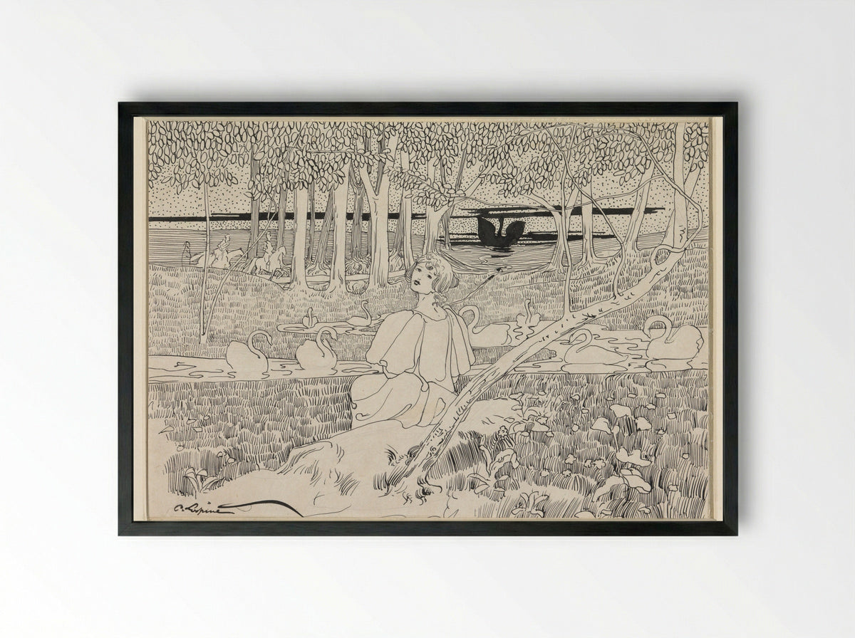 Zich omdraaiende vrouw, zittend aan een water met zwanen - C. Lapine - Framed Print Black