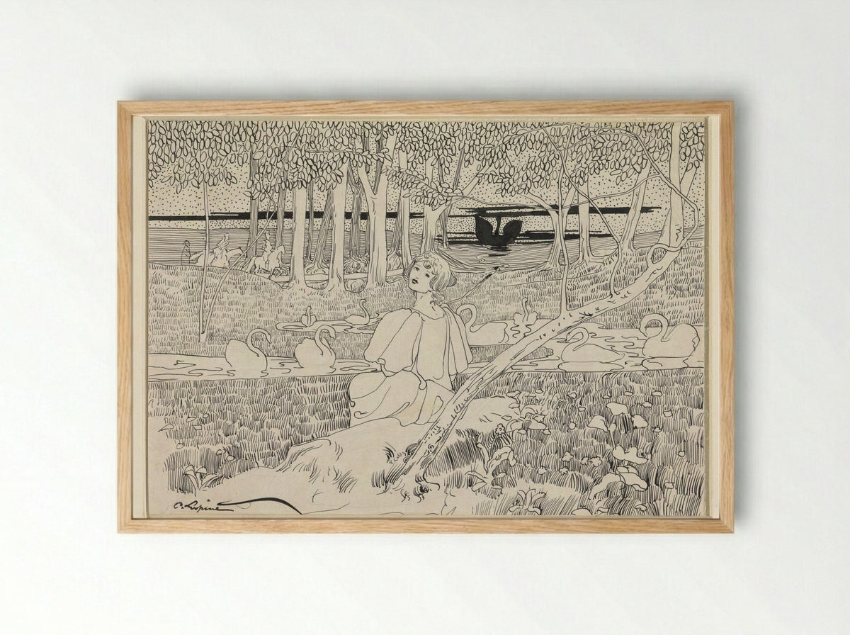 Zich omdraaiende vrouw, zittend aan een water met zwanen - C. Lapine - Framed Print Wood