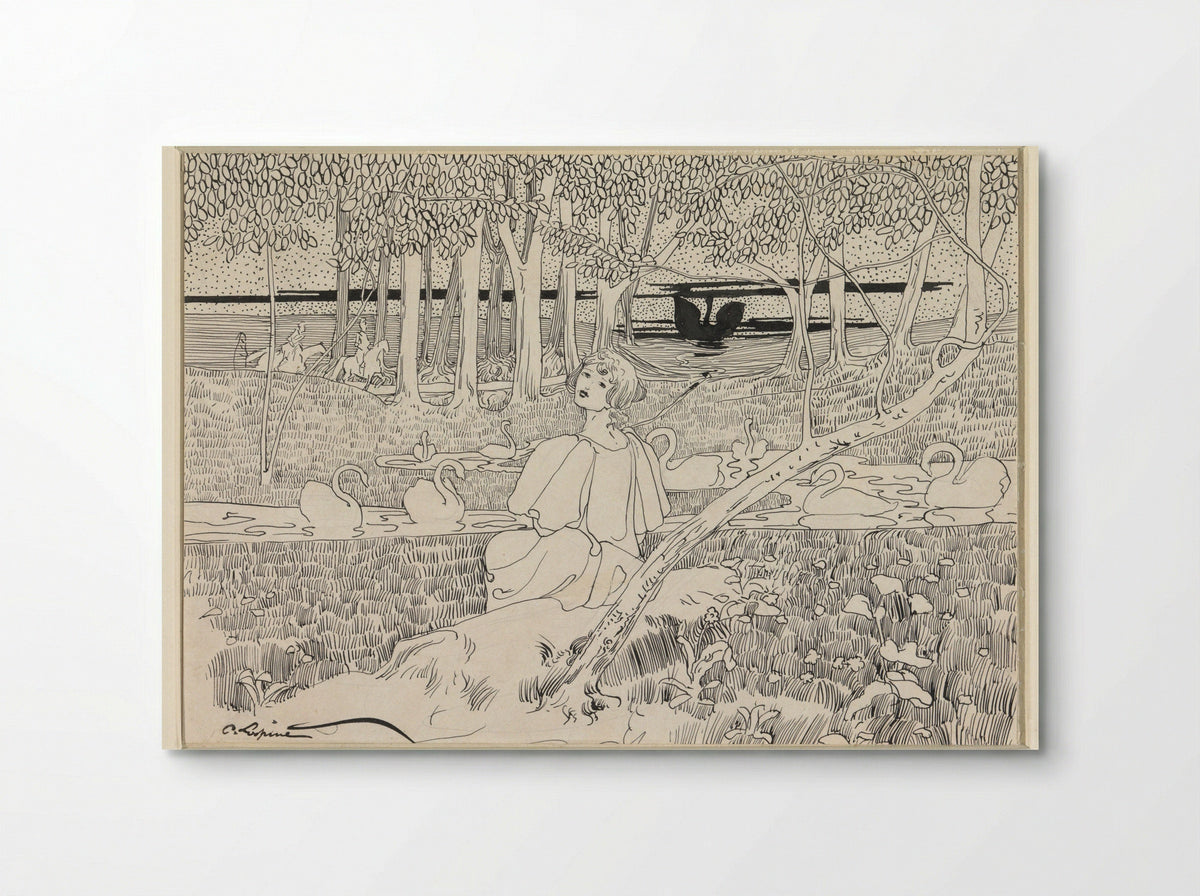 Zich omdraaiende vrouw, zittend aan een water met zwanen - C. Lapine - Poster