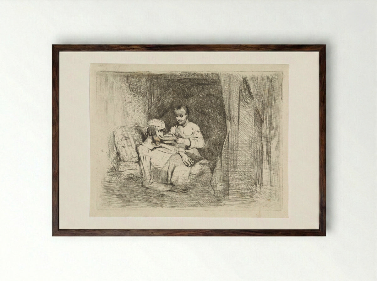 Zieke man krijgt te drinken - Petrus Marius Molijn - Framed Print Dark Wood