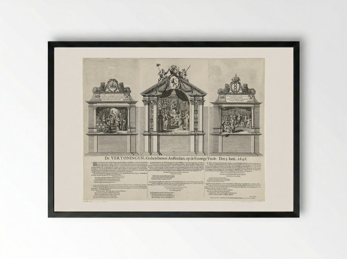 Zinnebeeldige vertoningen die op de Dam zijn opgevoerd ter ere van de Vrede van Munster in 1648 - Pieter Nolpe - Framed Print Black