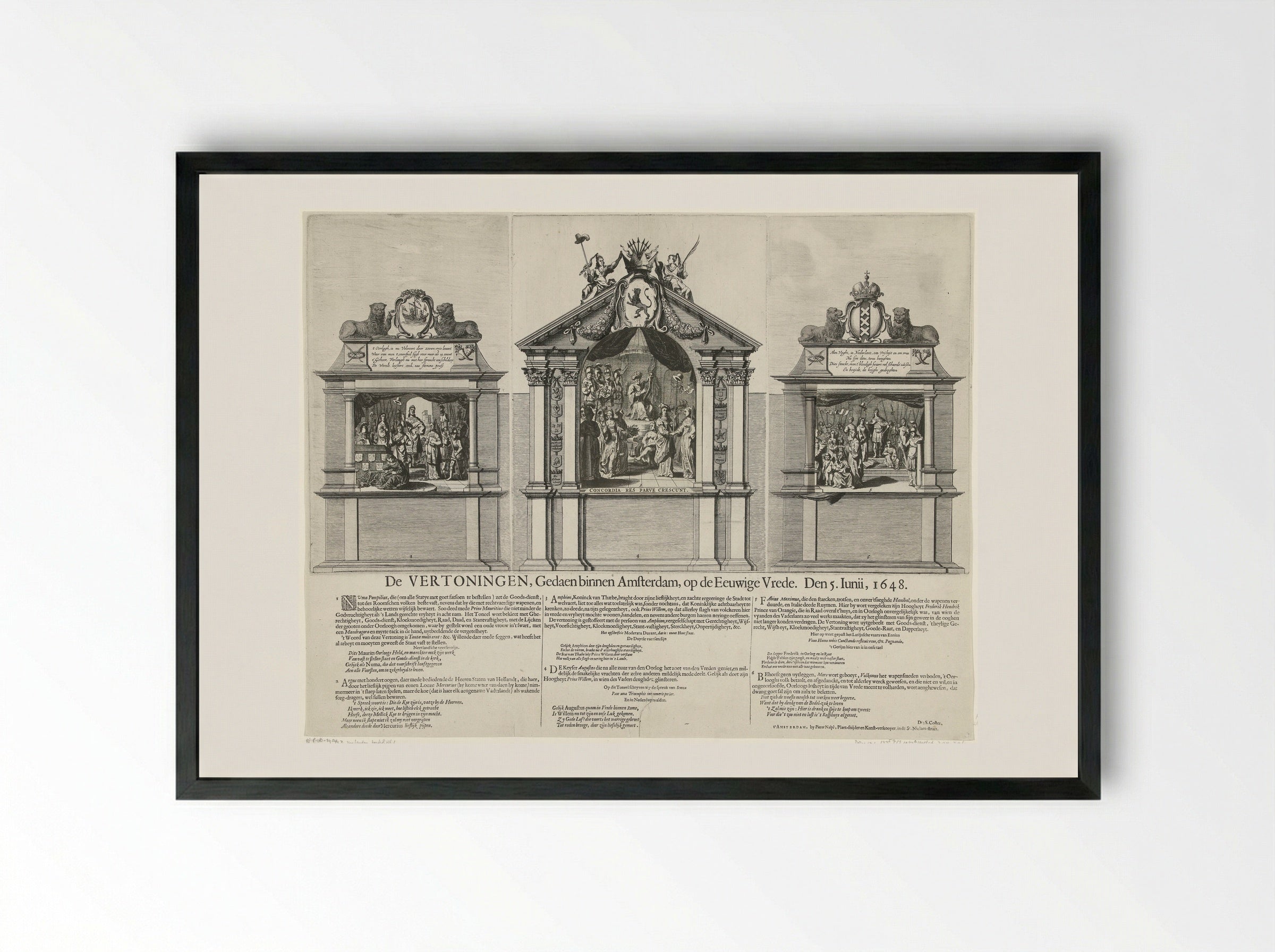 Zinnebeeldige vertoningen die op de Dam zijn opgevoerd ter ere van de Vrede van Munster in 1648 - Pieter Nolpe - Framed Print Black