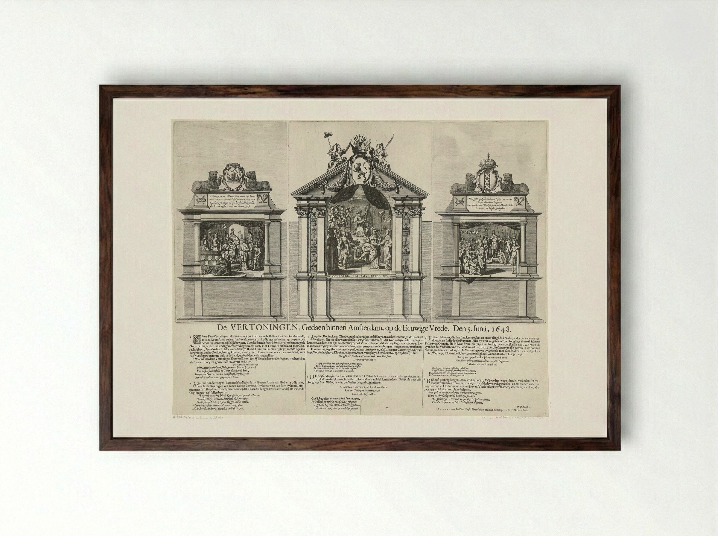Zinnebeeldige vertoningen die op de Dam zijn opgevoerd ter ere van de Vrede van Munster in 1648 - Pieter Nolpe - Framed Print Dark Wood