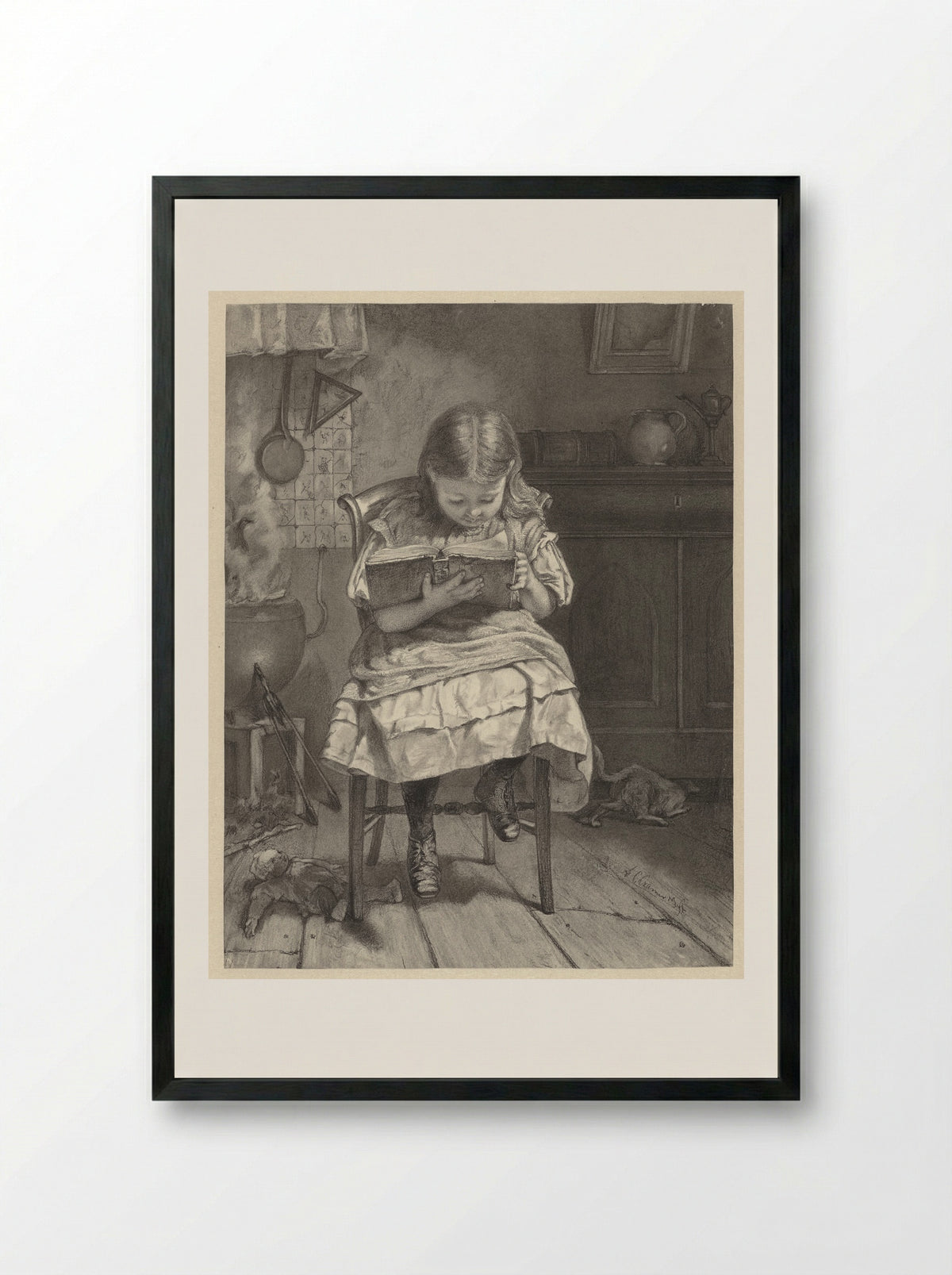 Zittend lezend meisje (Girl Reading) - Anthony Cornelis Cramer - Framed Print Black