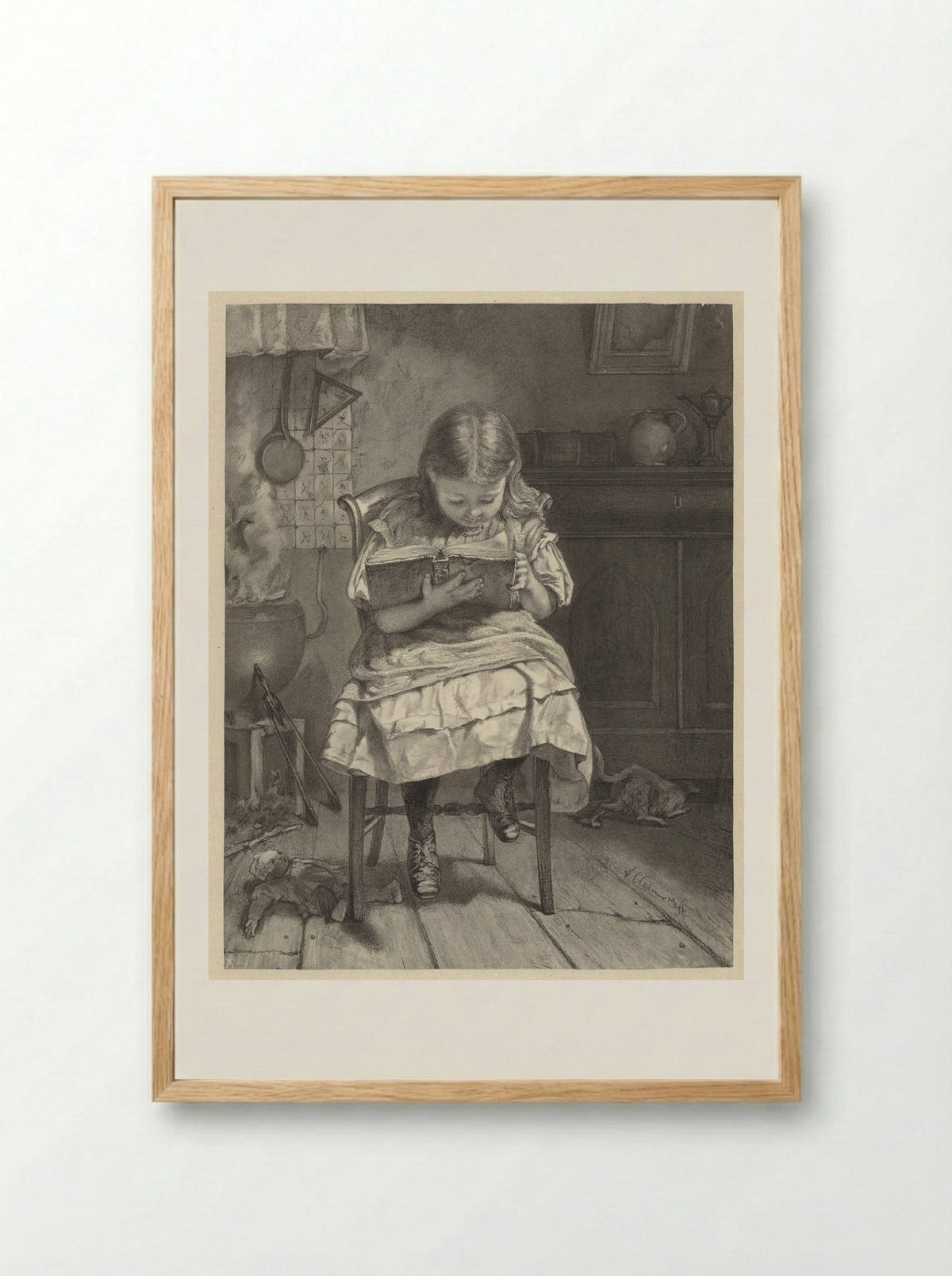 Zittend lezend meisje (Girl Reading) - Anthony Cornelis Cramer - Framed Print Wood