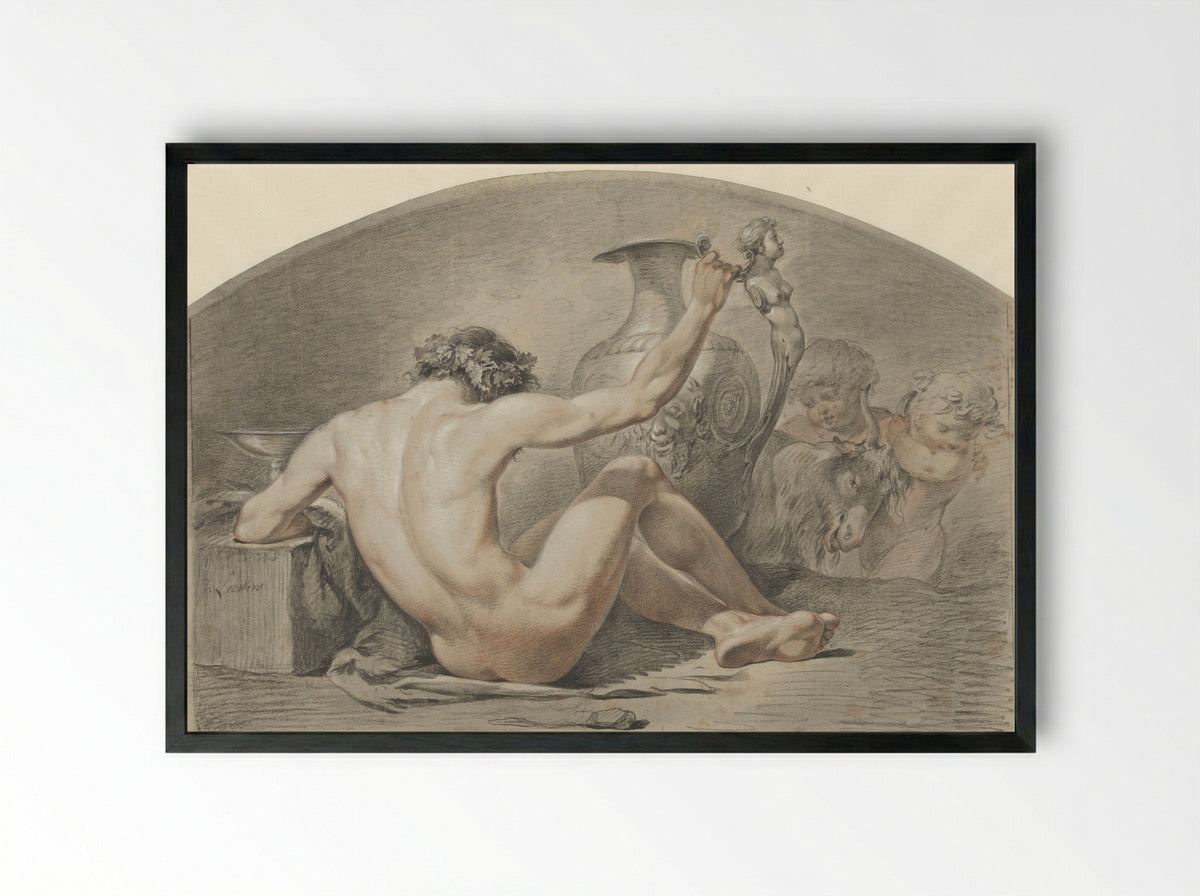 Zittend mannelijk naakt, de hand op het handvat van een vaas - Jacobus Johannes Lauwers - Framed Print Black