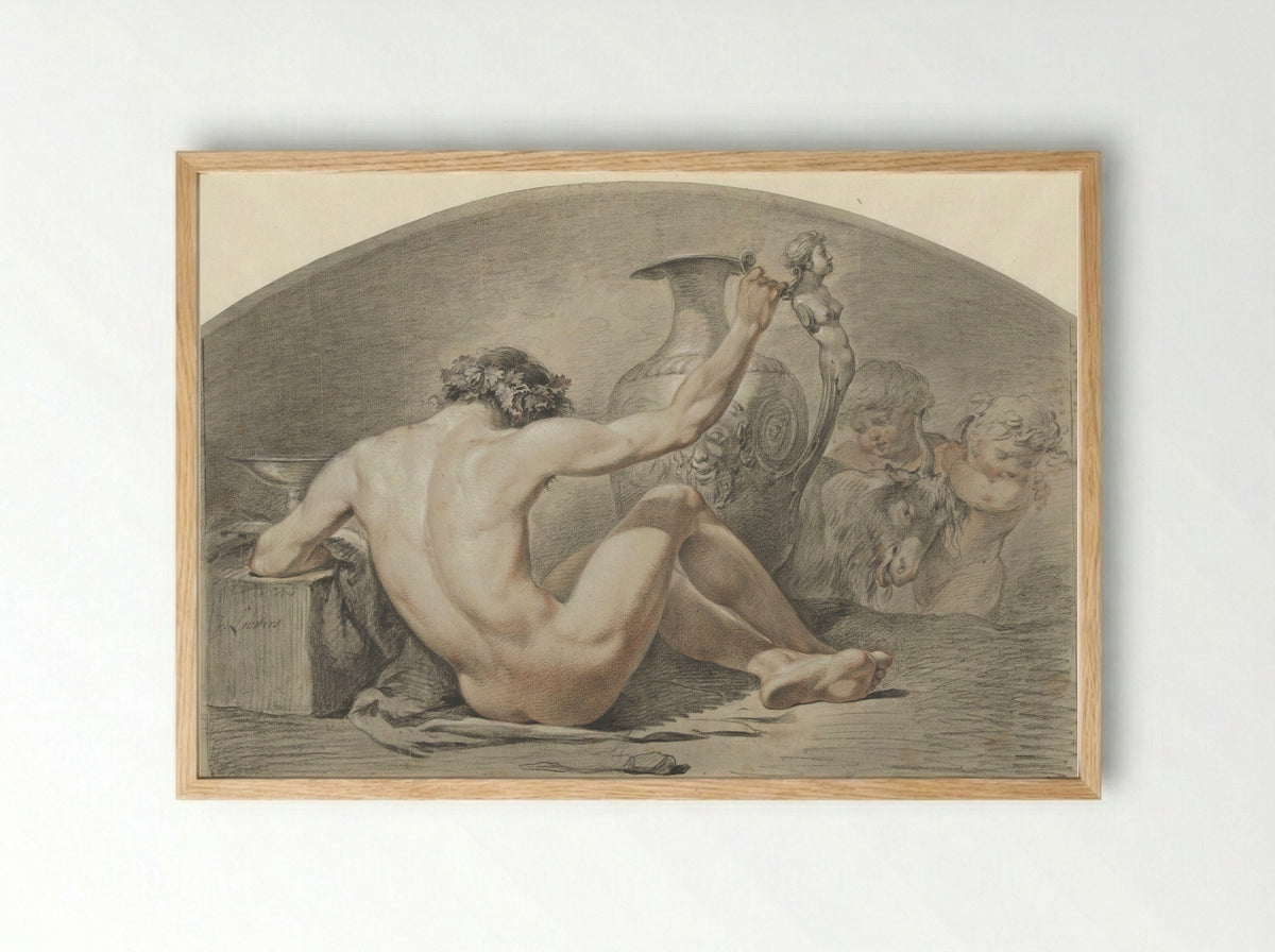 Zittend mannelijk naakt, de hand op het handvat van een vaas - Jacobus Johannes Lauwers - Framed Print Wood