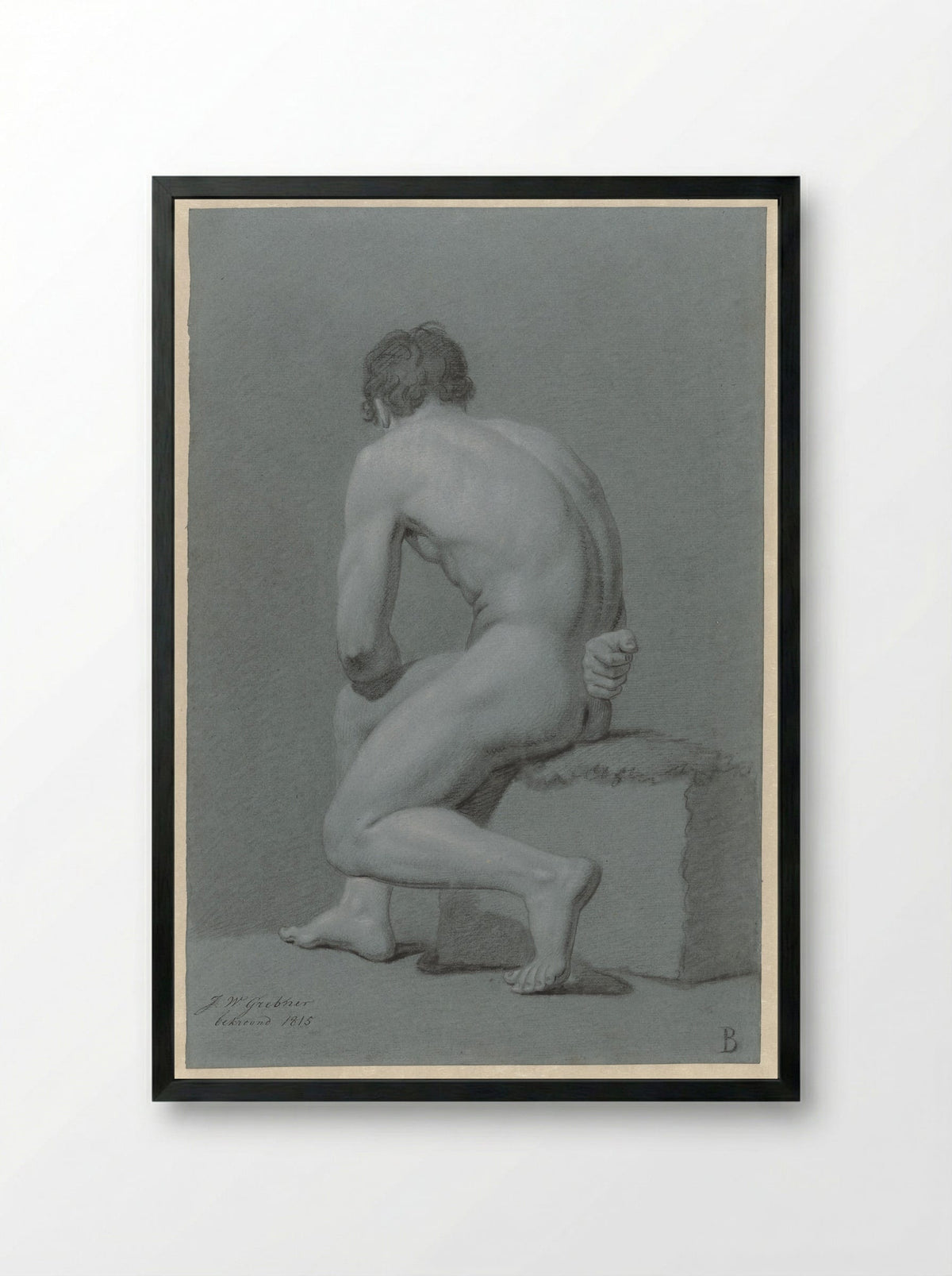 Zittend mannelijk naakt, half naar links, op de rug gezien - Willem Grebner - Framed Print Black