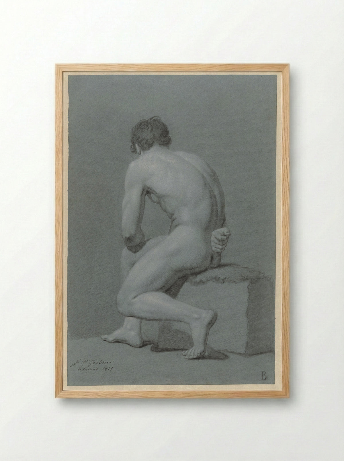 Zittend mannelijk naakt, half naar links, op de rug gezien - Willem Grebner - Framed Print Wood