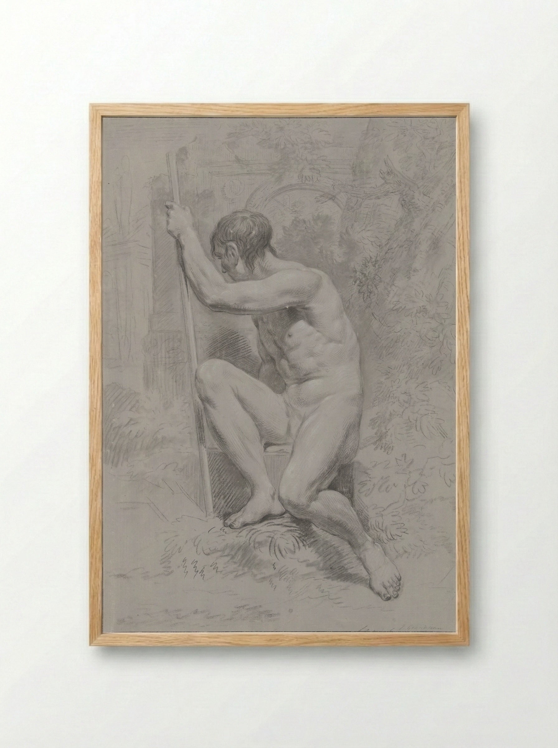 Zittend mannelijk naakt, met een stok, naar links gedraaid - Jean Grandjean - Framed Print Wood