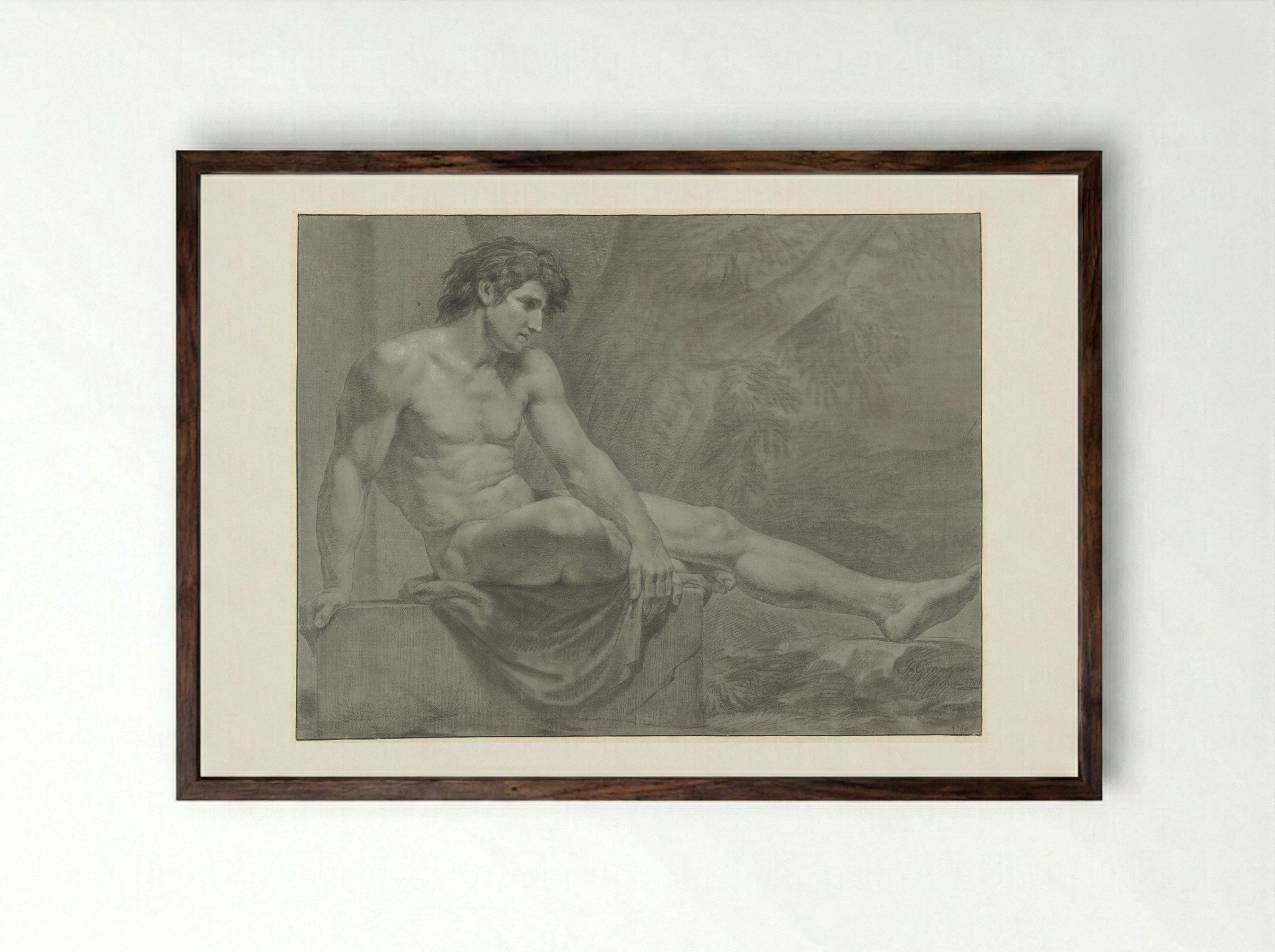 Zittend mannelijk naakt, naar rechts met gestrekt been - Jean Grandjean - Framed Print Dark Wood