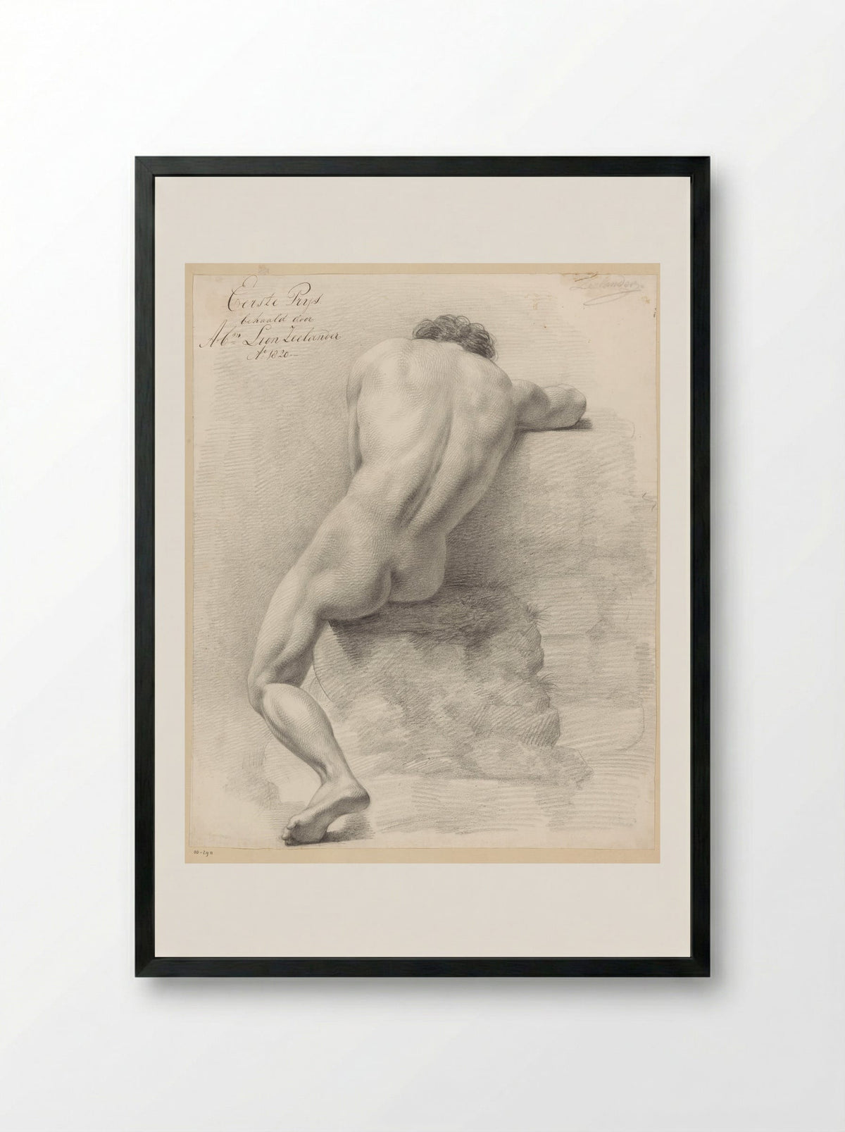 Zittend mannelijk naakt, op de rug gezien (1e prijs 1820) - Abraham Lion Zeelander - Framed Print Black