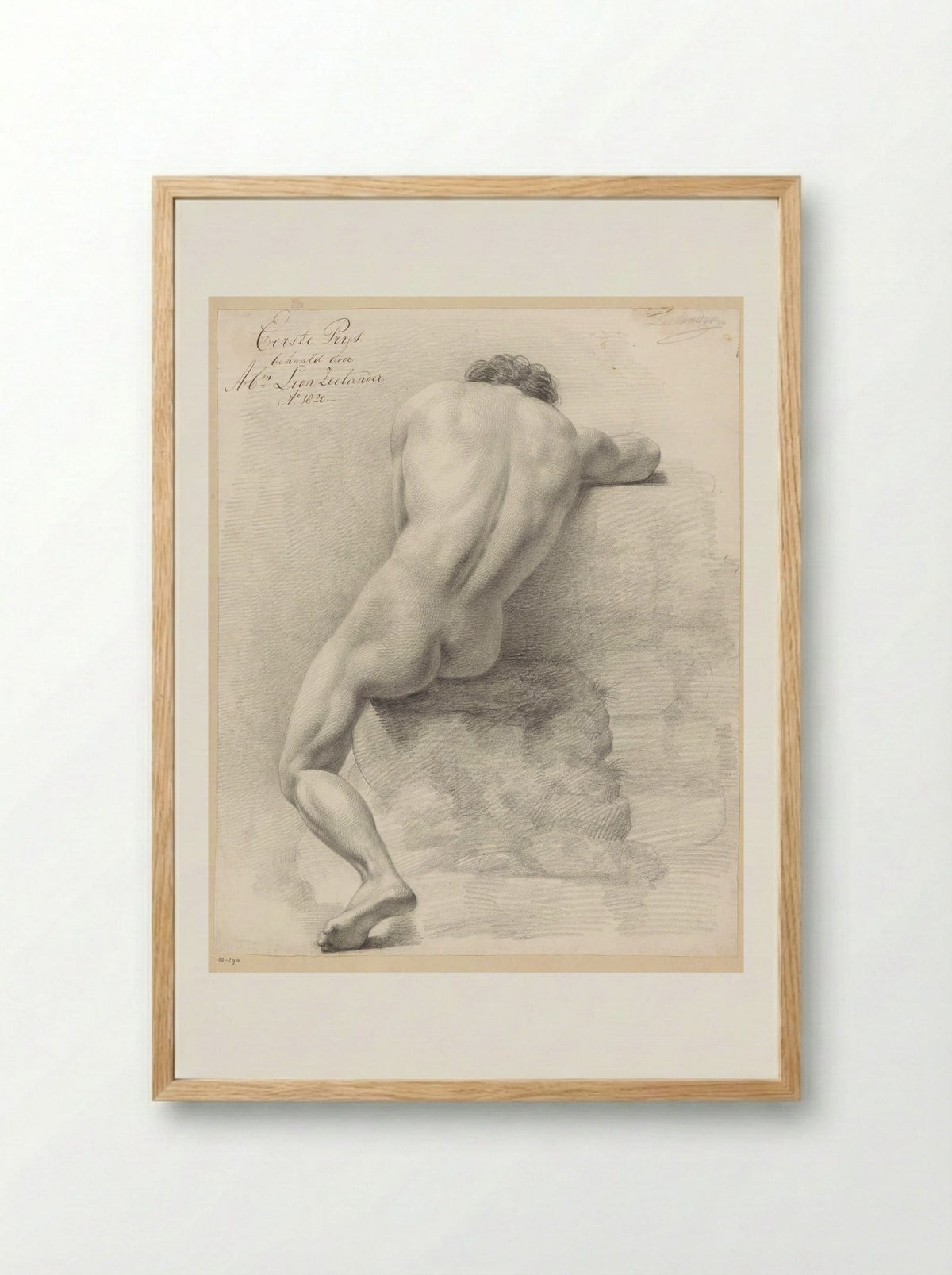 Zittend mannelijk naakt, op de rug gezien (1e prijs 1820) - Abraham Lion Zeelander - Framed Print Wood