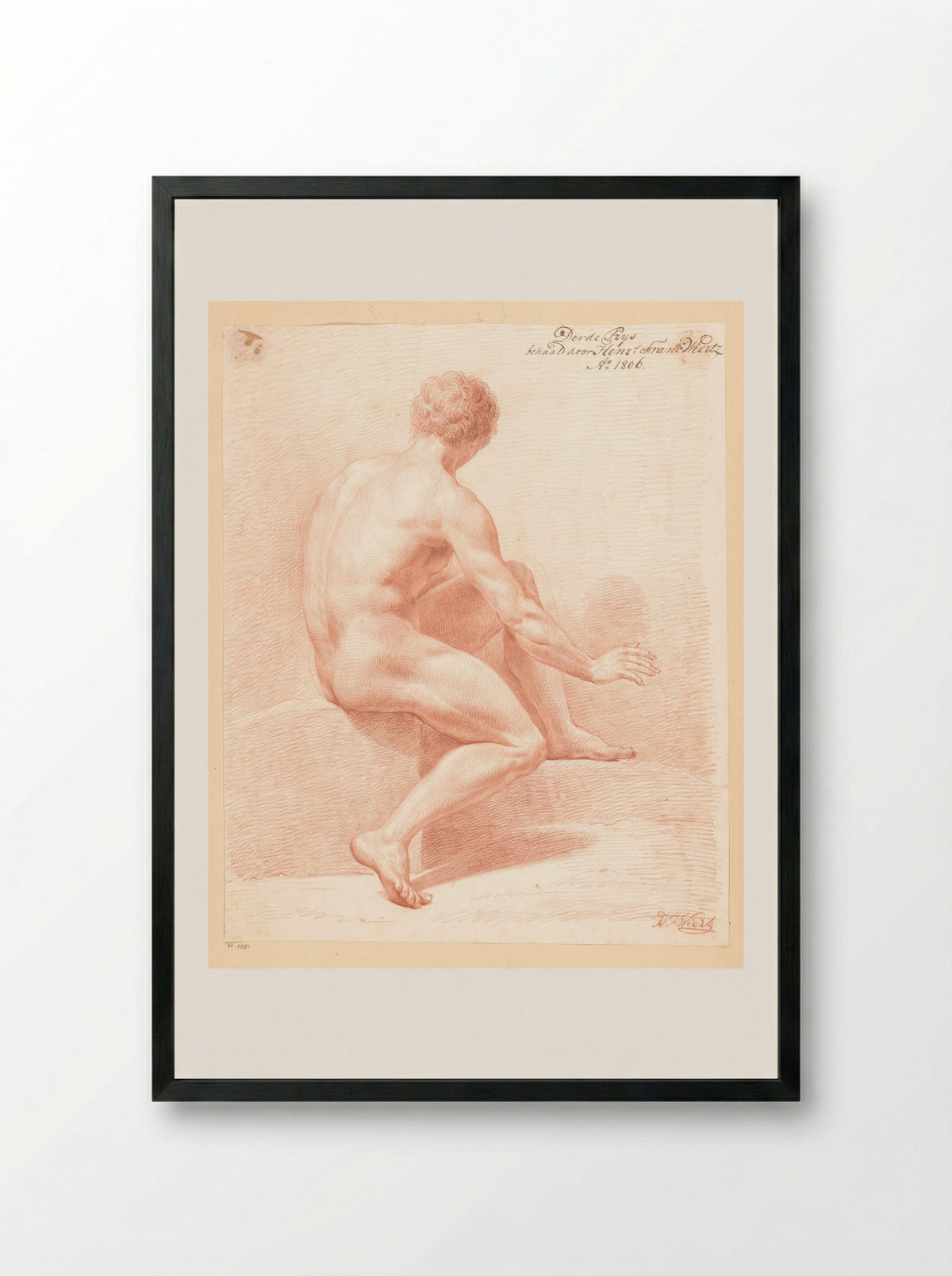 Zittend mannelijk naakt, op de rug gezien (3e prijs 1806) - Henricus Franciscus Wiertz - Framed Print Black