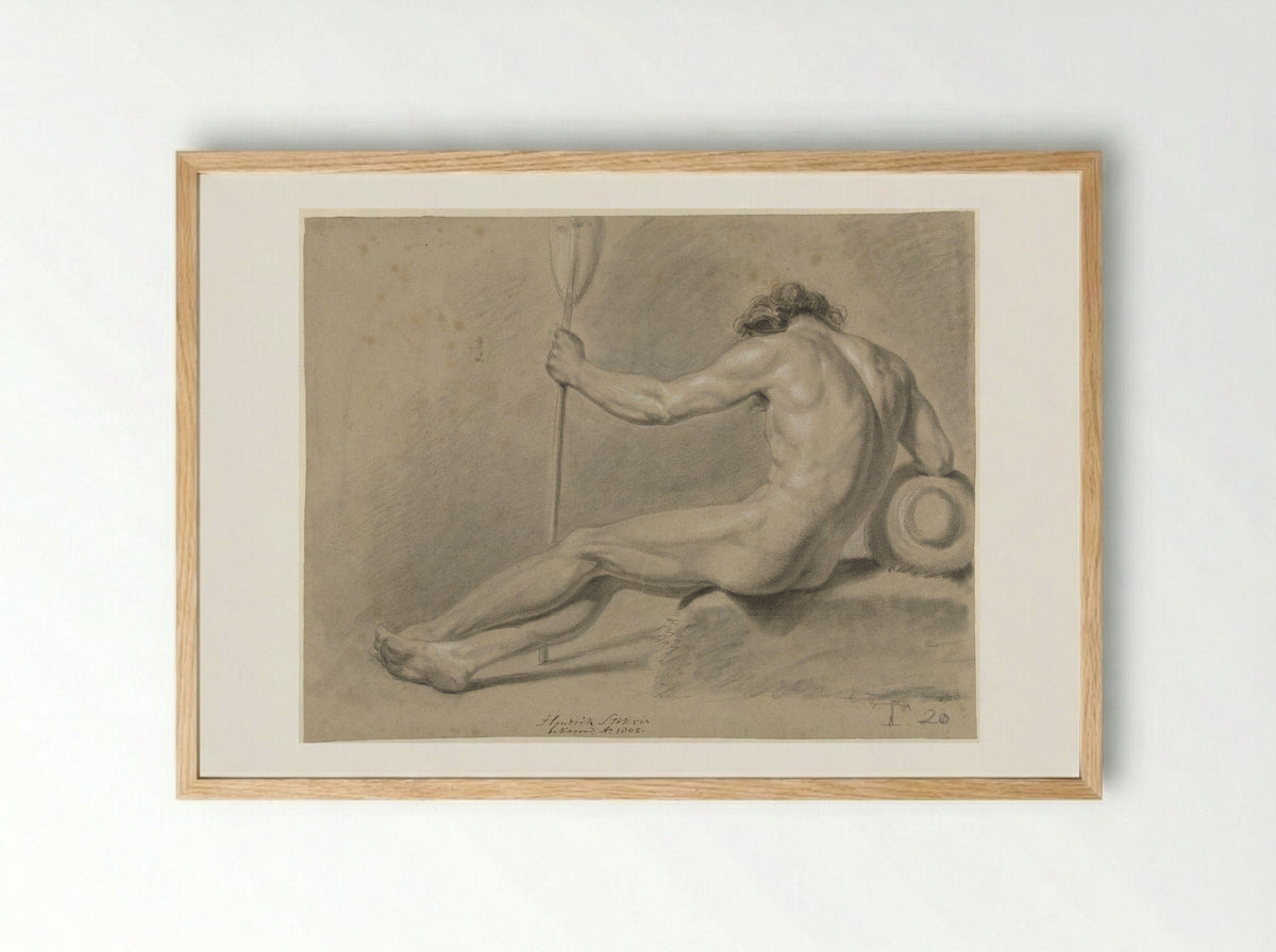 Zittend mannelijk naakt, op de rug gezien, een roeispaan in de linkerhand - Hendrik Stokvisch - Framed Print Wood