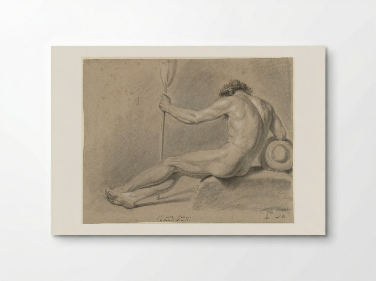 Zittend mannelijk naakt, op de rug gezien, een roeispaan in de linkerhand - Hendrik Stokvisch - Poster