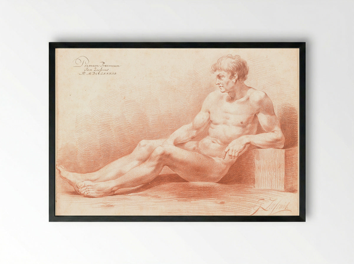 Zittend mannelijk naakt, van opzij gezien (1e prijs 1789) - Johannes Ziesenis - Framed Print Black