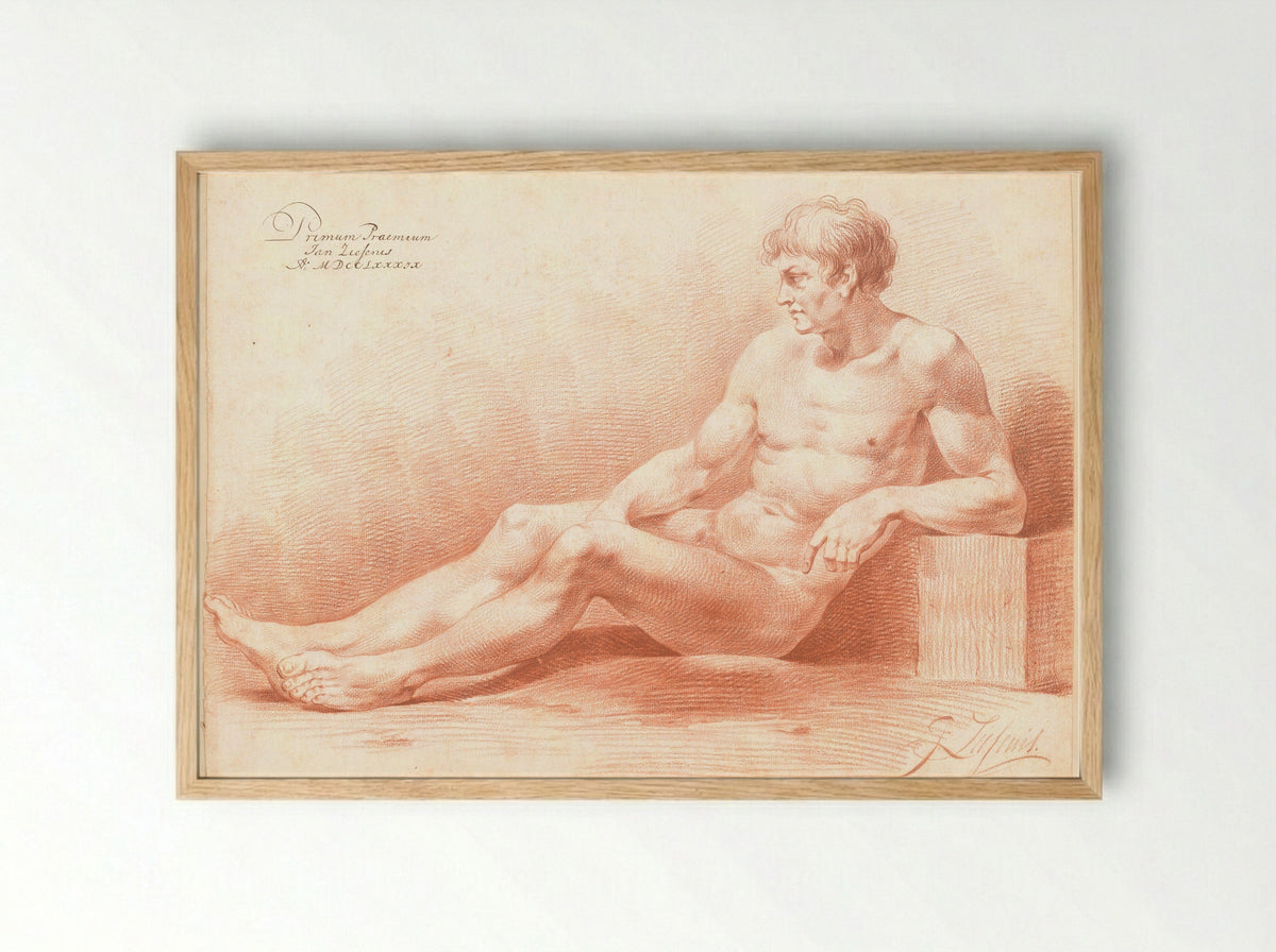 Zittend mannelijk naakt, van opzij gezien (1e prijs 1789) - Johannes Ziesenis - Framed Print Wood