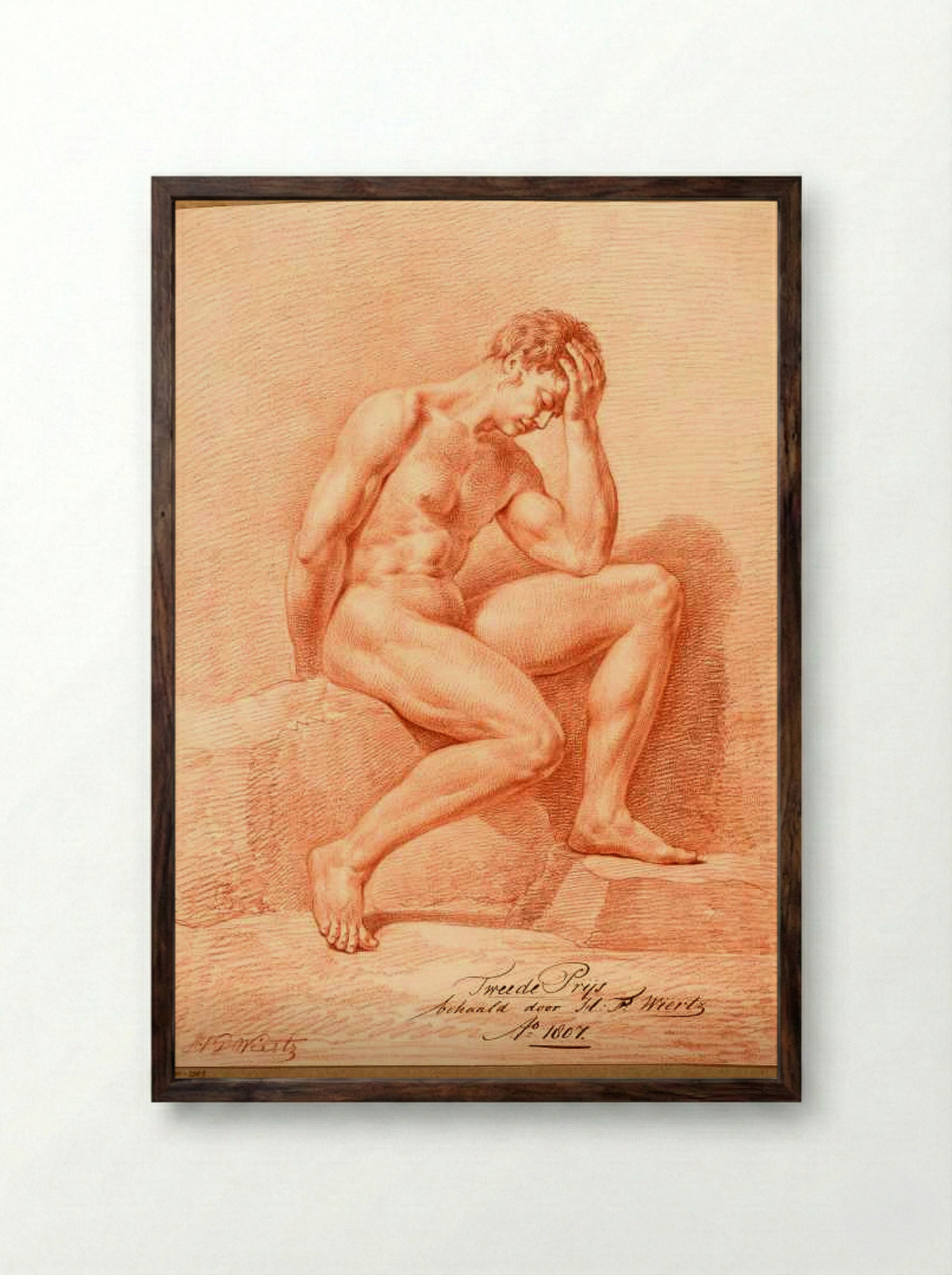 Zittend mannelijk naakt, van opzij gezien (2e prijs 1807) - Henricus Franciscus Wiertz - Framed Print Dark Wood