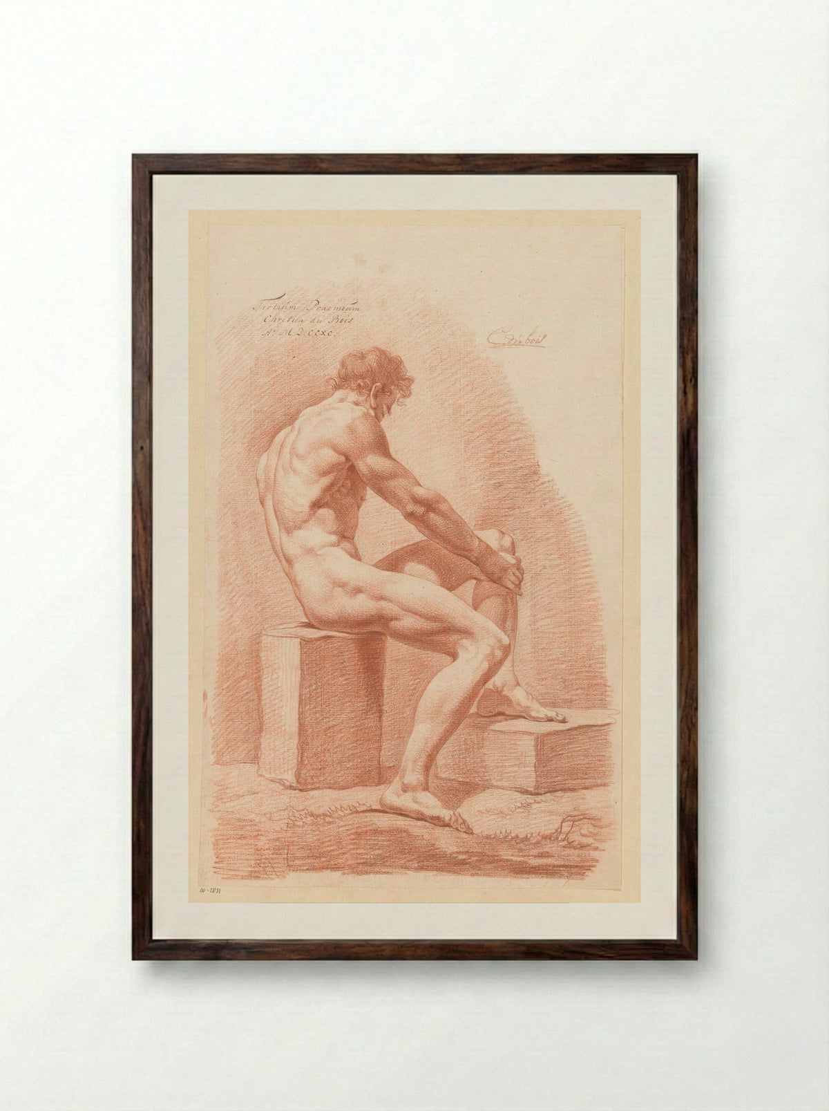 Zittend mannelijk naakt, van opzij gezien (3e prijs 1790) - Chrétien Dubois - Framed Print Dark Wood