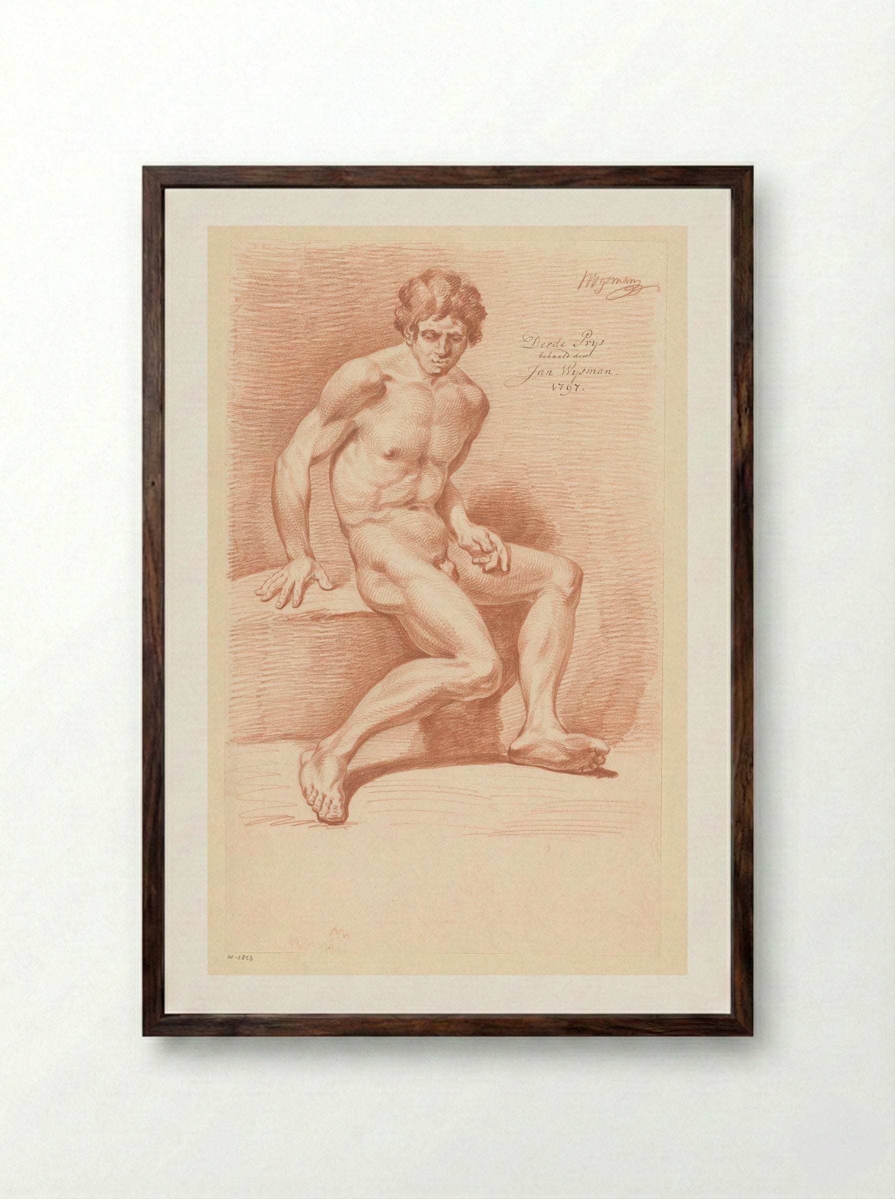 Zittend mannelijk naakt, van opzij gezien (3e prijs 1797) - Jacobus Wijsman - Framed Print Dark Wood