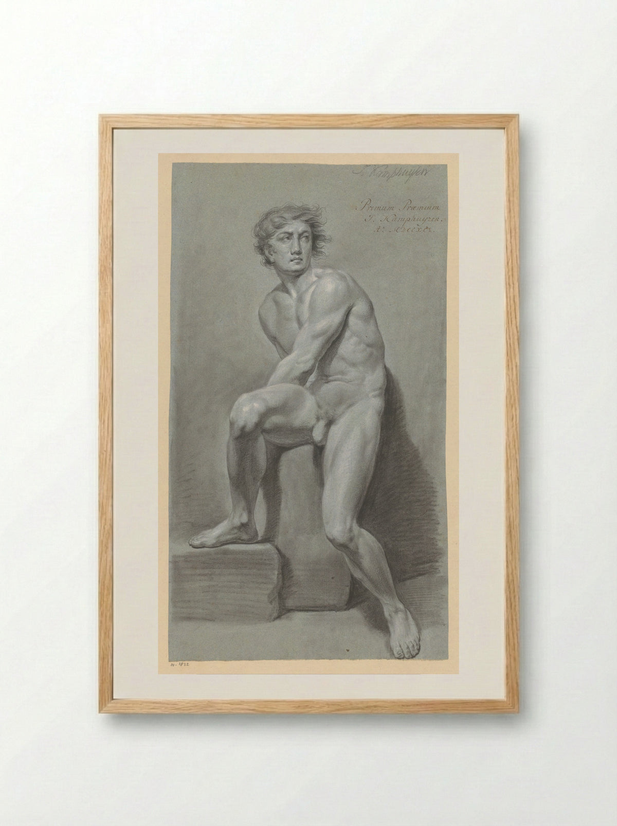 Zittend mannelijk naakt, van voren gezien (1e prijs 1791) - Jan Kamphuijsen - Framed Print Wood
