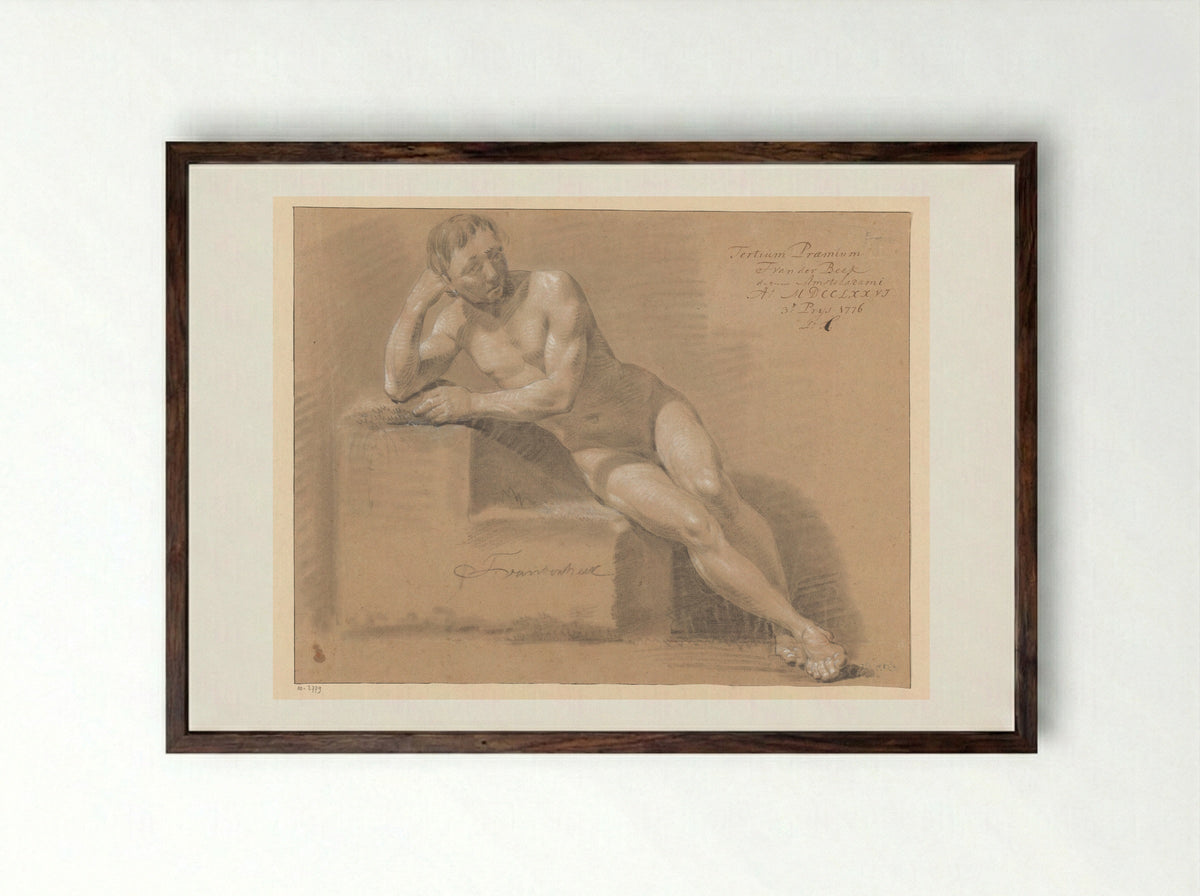 Zittend mannelijk naakt, van voren gezien (3e prijs 1776) - Jan Lucas van der Beek - Framed Print Dark Wood