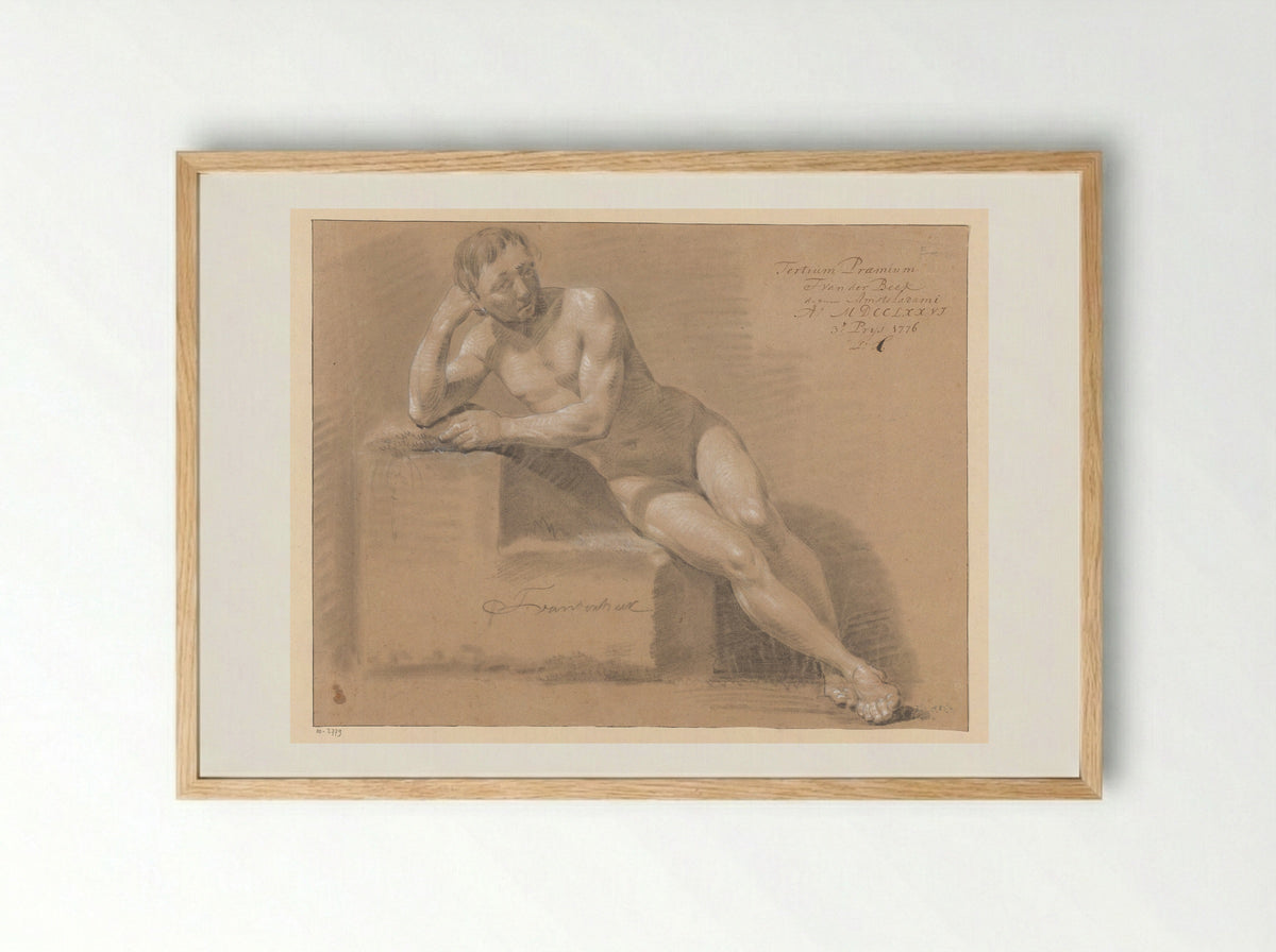Zittend mannelijk naakt, van voren gezien (3e prijs 1776) - Jan Lucas van der Beek - Framed Print Wood