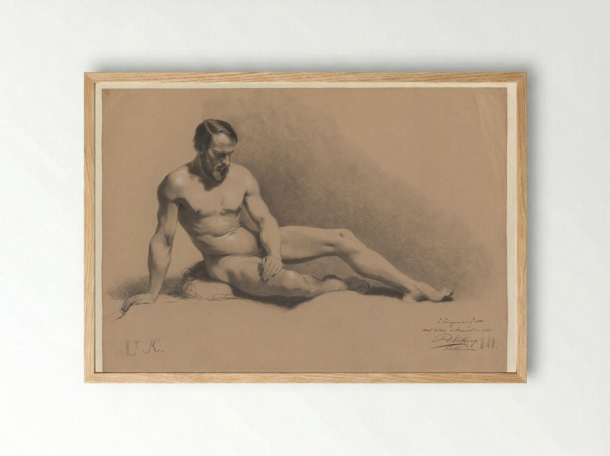 Zittend mannelijk naakt - Lambertus Lingeman - Framed Print Wood