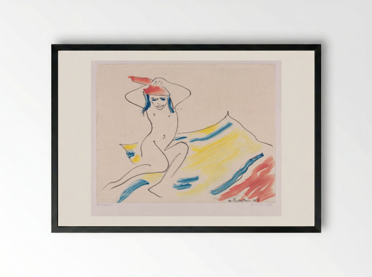 Zittend naakt meisje op een gekleurd gestreepte mat - Max Pechstein - Framed Print Black